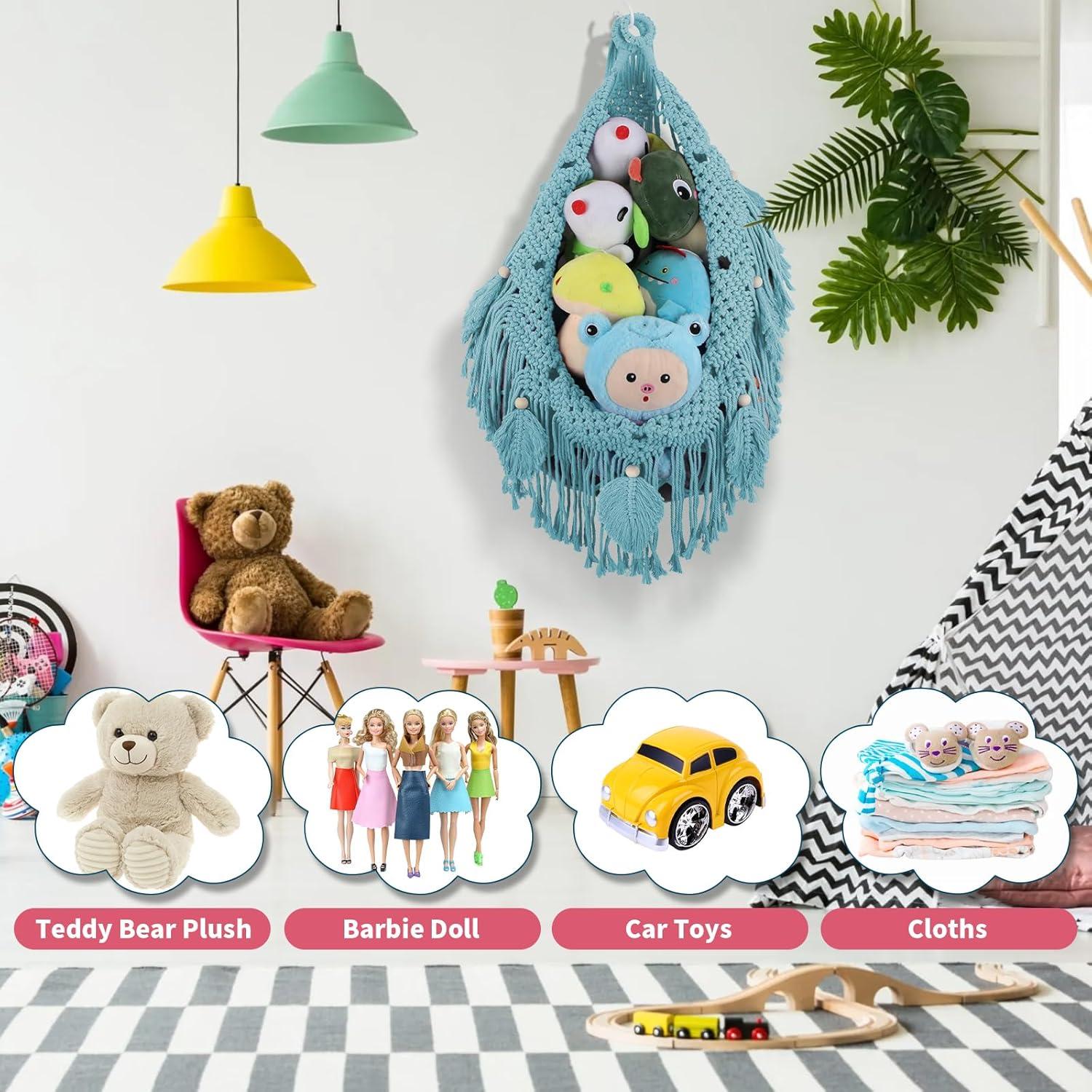 Stuffed Animal Hammock Corner - 56'' Jumbo Handcrafted 5mm Double Macrame Cord Stuffed Animal Storage Net - 100% Natural Cotton Toy Hammock Holder - Turquoise Stuffy Plushie Net w/LED Star Light