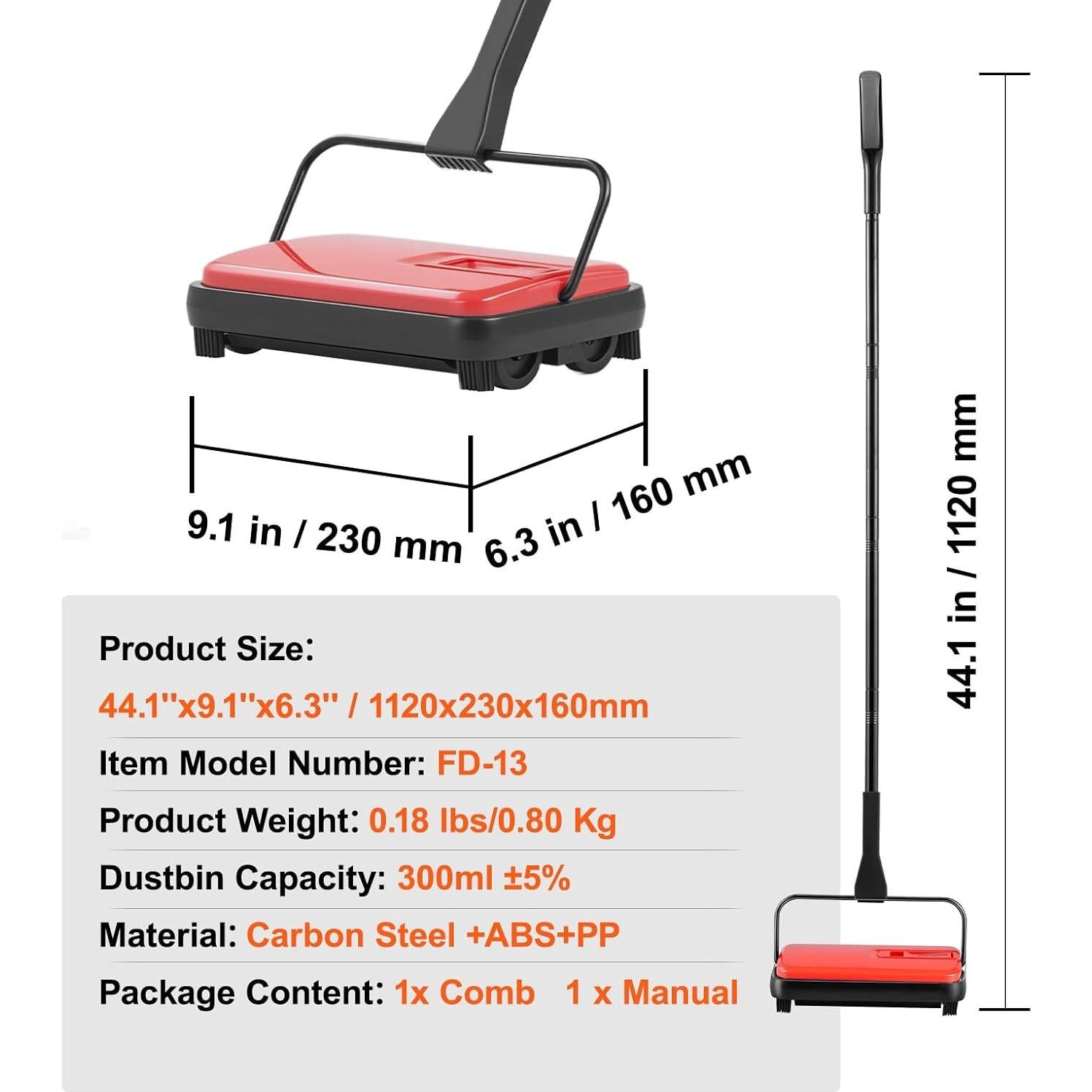 Barrendero Manual VEVOR Rojo 112 cm para Alfombras y Pisos