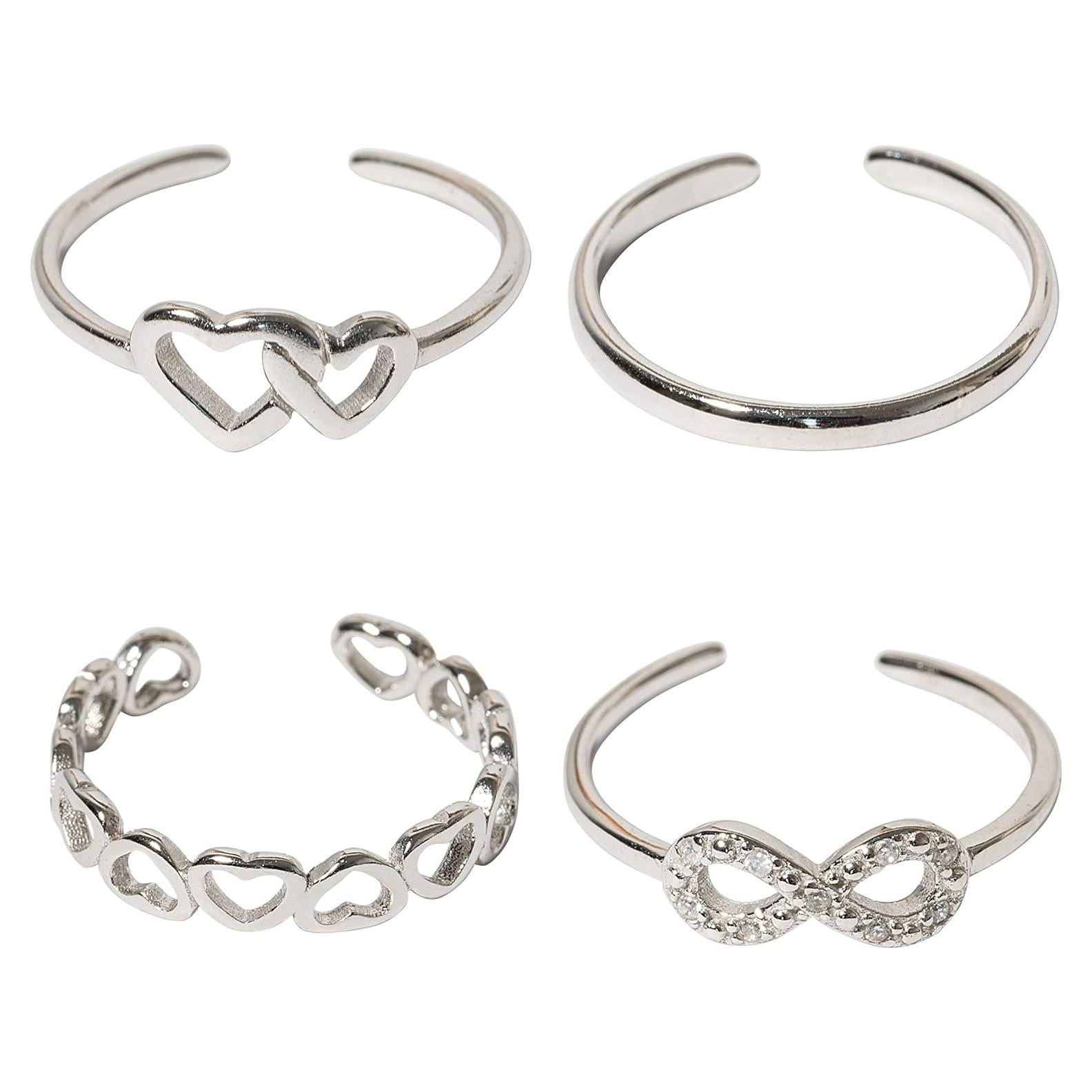 Anillo Abierto Ajustable de Plata Sólida 925 - Set de 4 Diseños