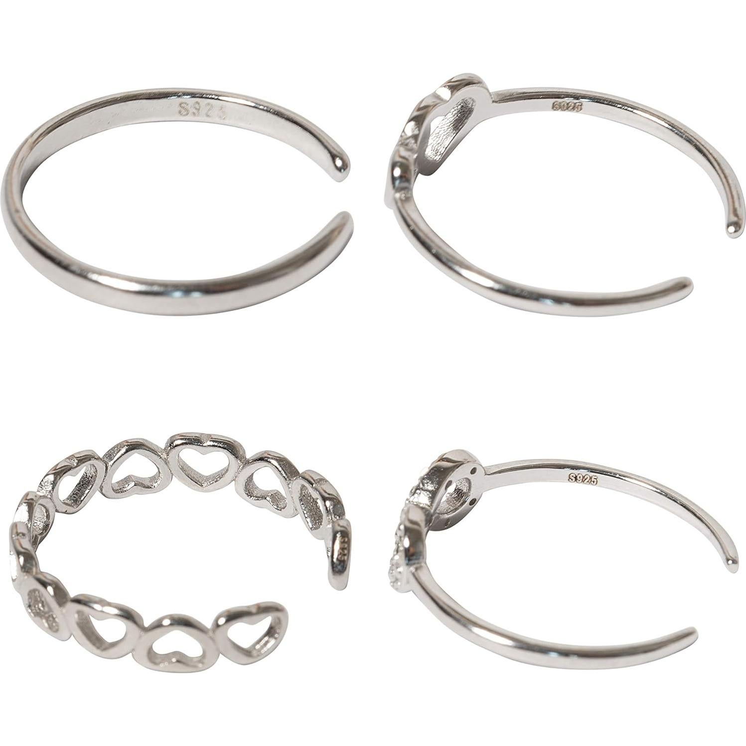 Anillo Abierto Ajustable de Plata Sólida 925 - Set de 4 Diseños