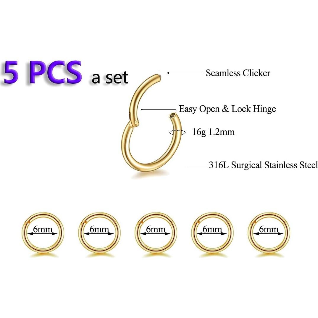 5 Aros de Nariz HQLA Acero Quirúrgico 16G 6mm Oro