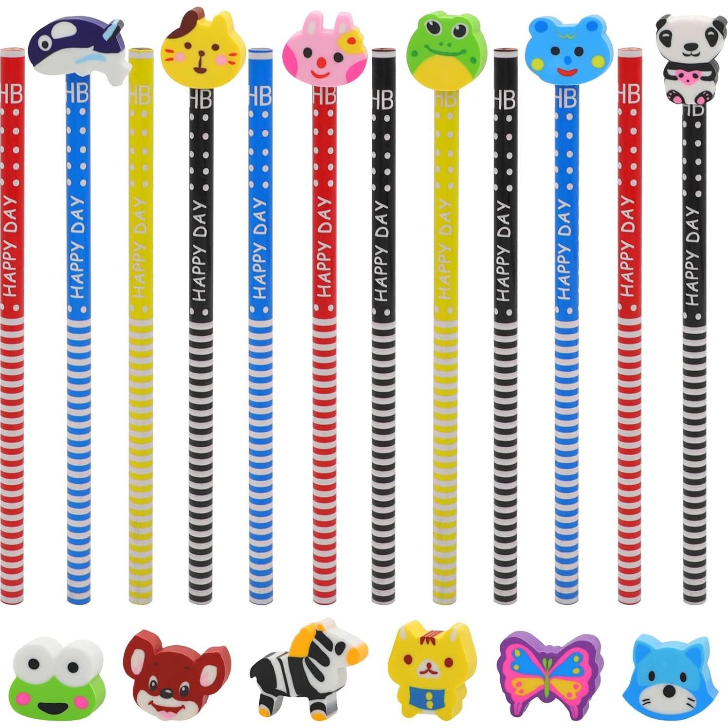 Lápices Lindos BUSHIBU con Borradores de Animales - Paquete de 12