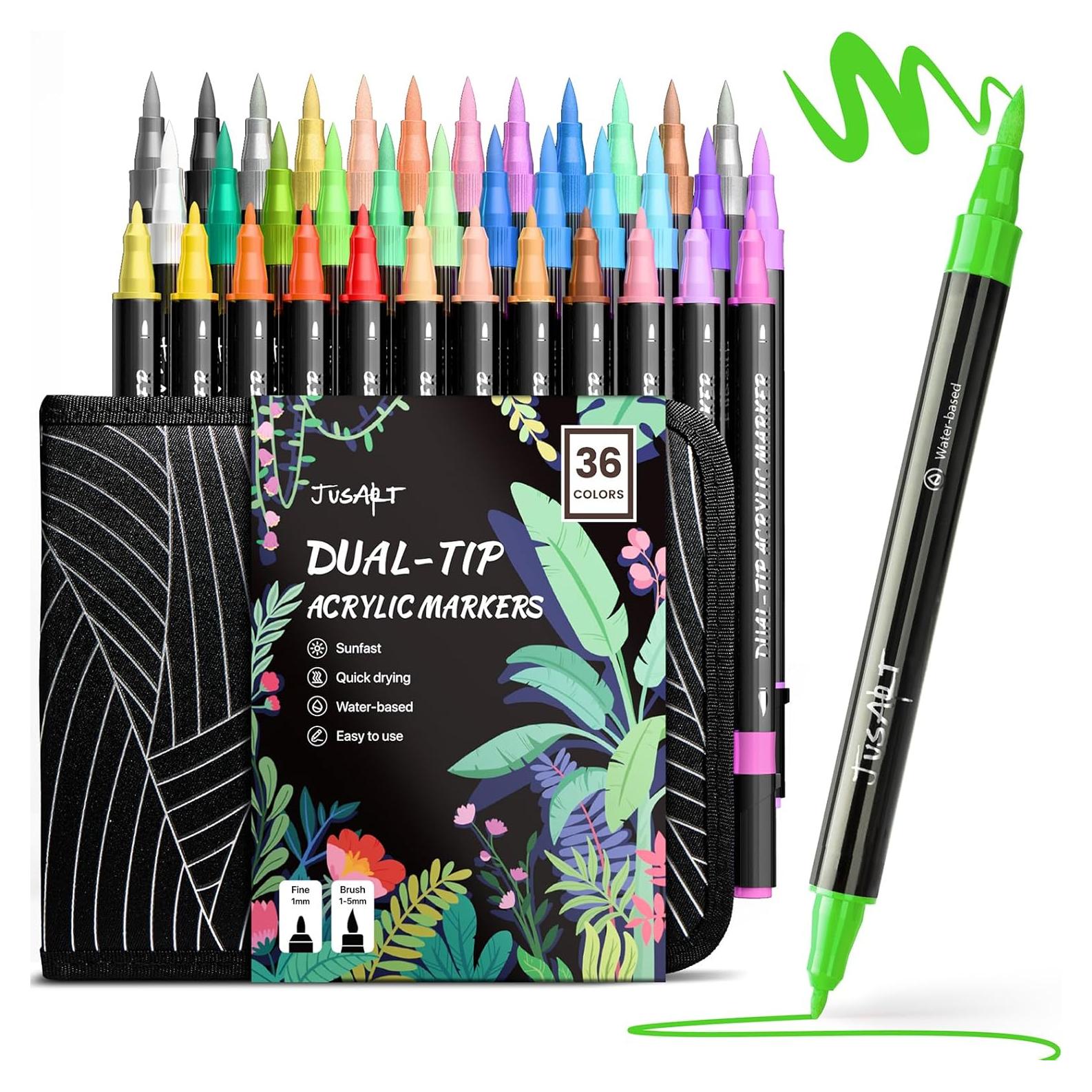Juego de 36 Marcadores Acrílicos JusArt con Punta Doble y Bolsa