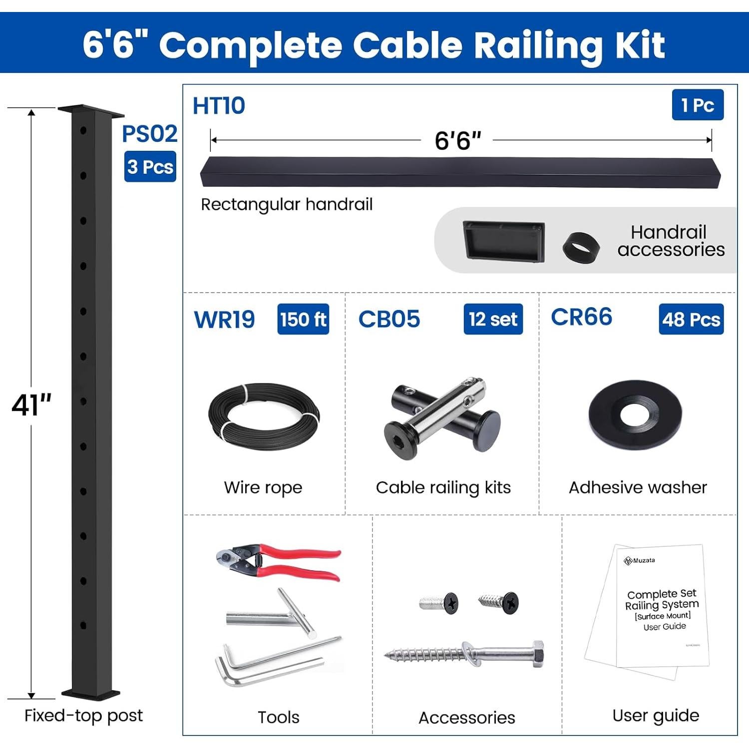 Kit Completo de Barandilla de Cable Muzata 42" Ajustable