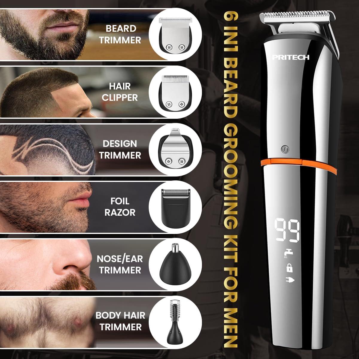 Recortadora de Barba PRITECH 6 en 1 Impermeable IPX6 Plata