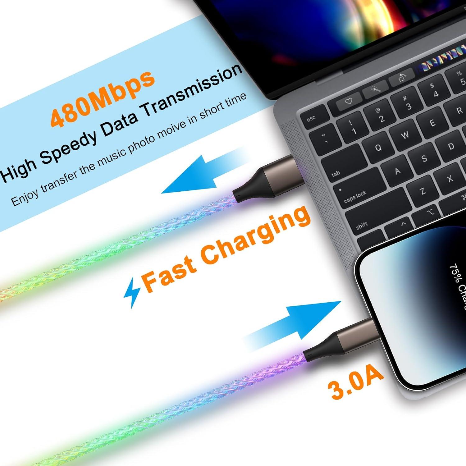 Cable USB C 0.91M Tomoson Carga Rápida LED RGB Compatible iPhone 15