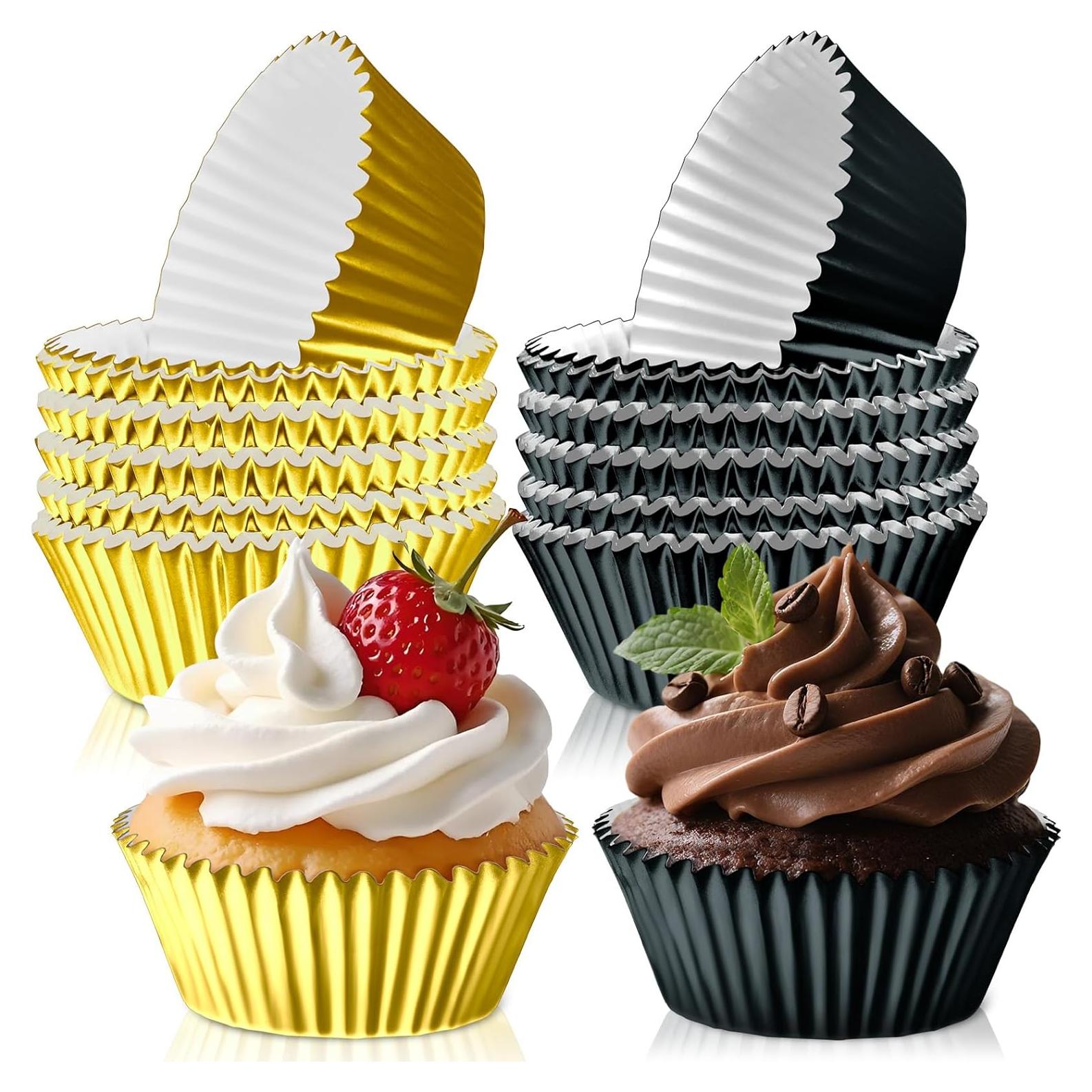 200 Forros de Cupcake Desechables Negros y Dorados AKAIXI