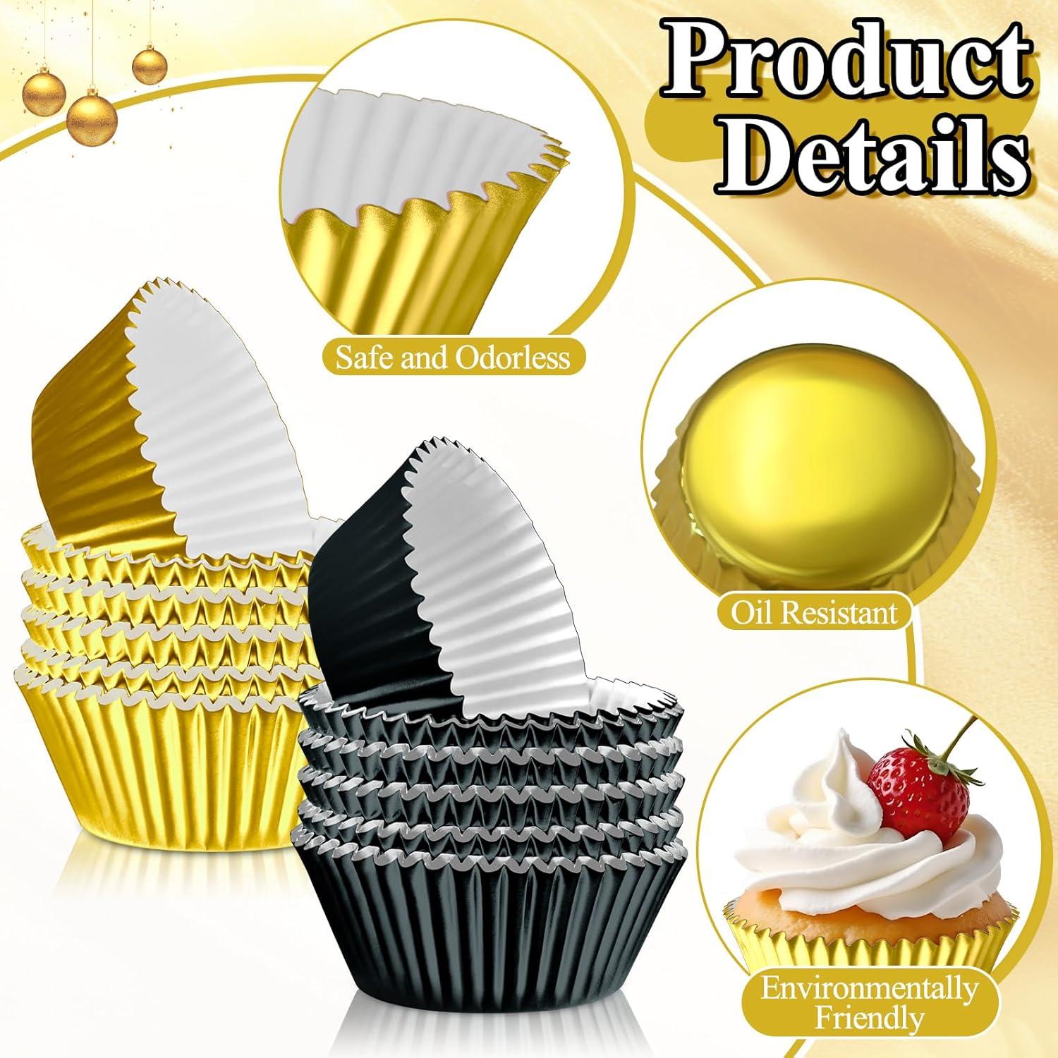 200 Forros de Cupcake Desechables Negros y Dorados AKAIXI