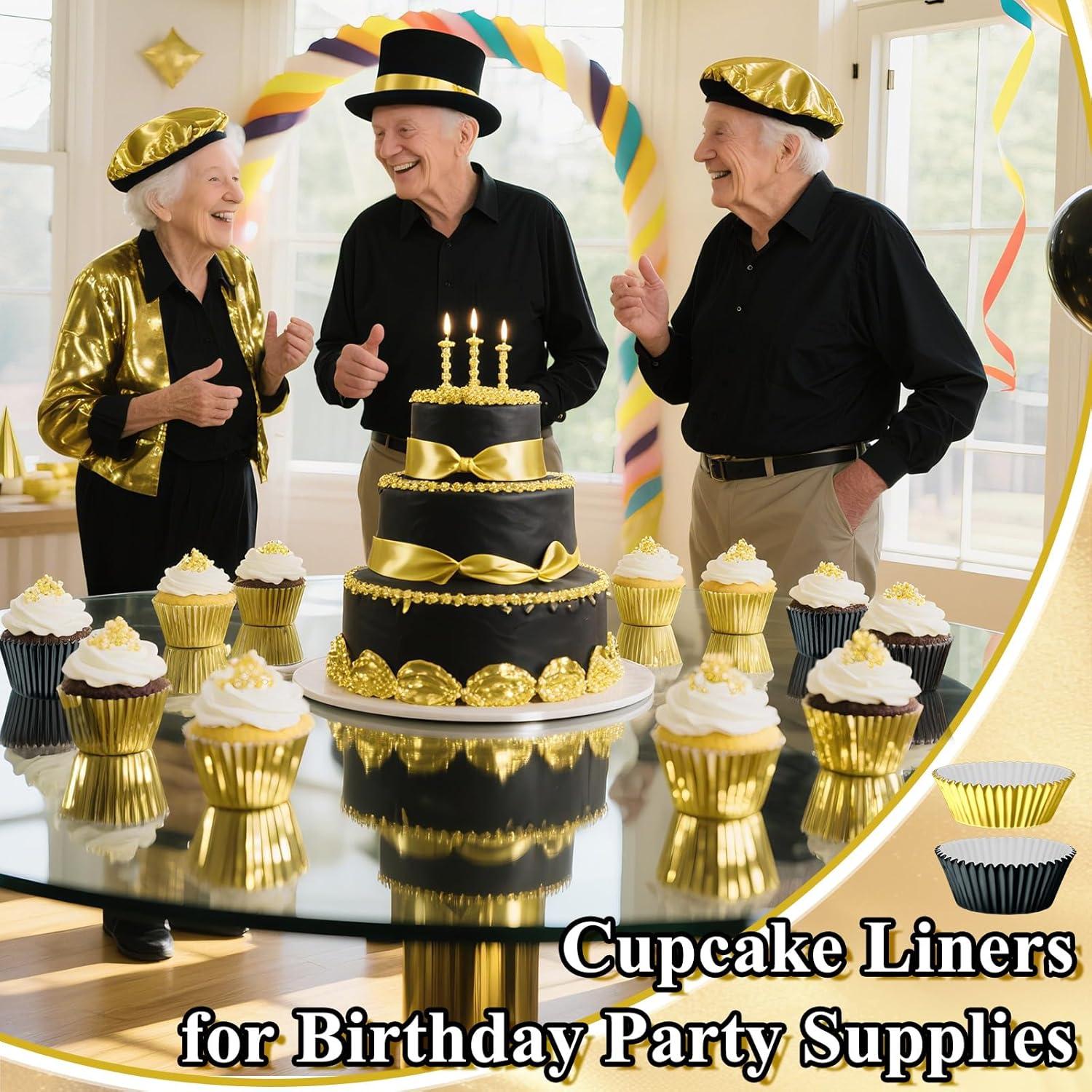 200 Forros de Cupcake Desechables Negros y Dorados AKAIXI