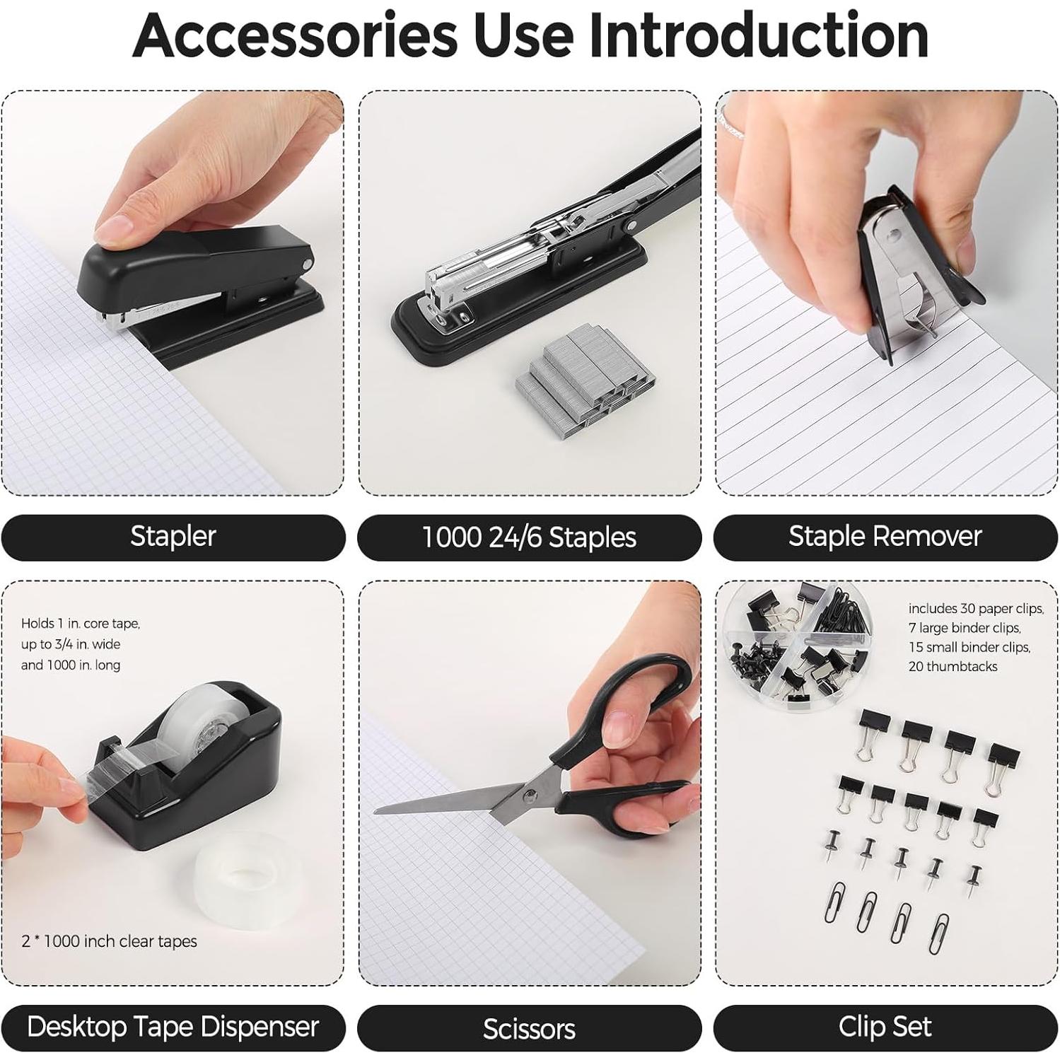 Juego de Suministros de Oficina SKYDUE Negro - Grapadora, Tijeras y Clips