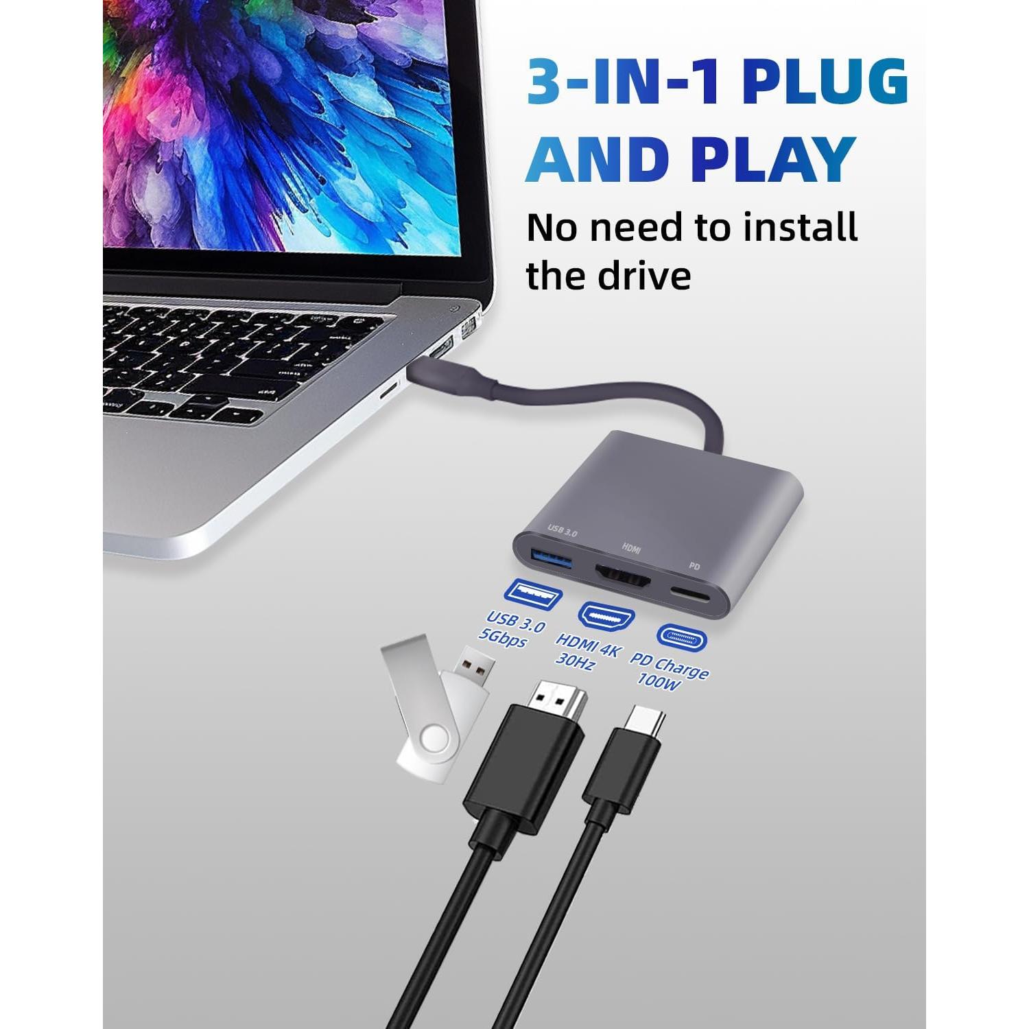 Adaptador USB C a HDMI 4K HJSYWESYUH con PD 100W y USB 3.0