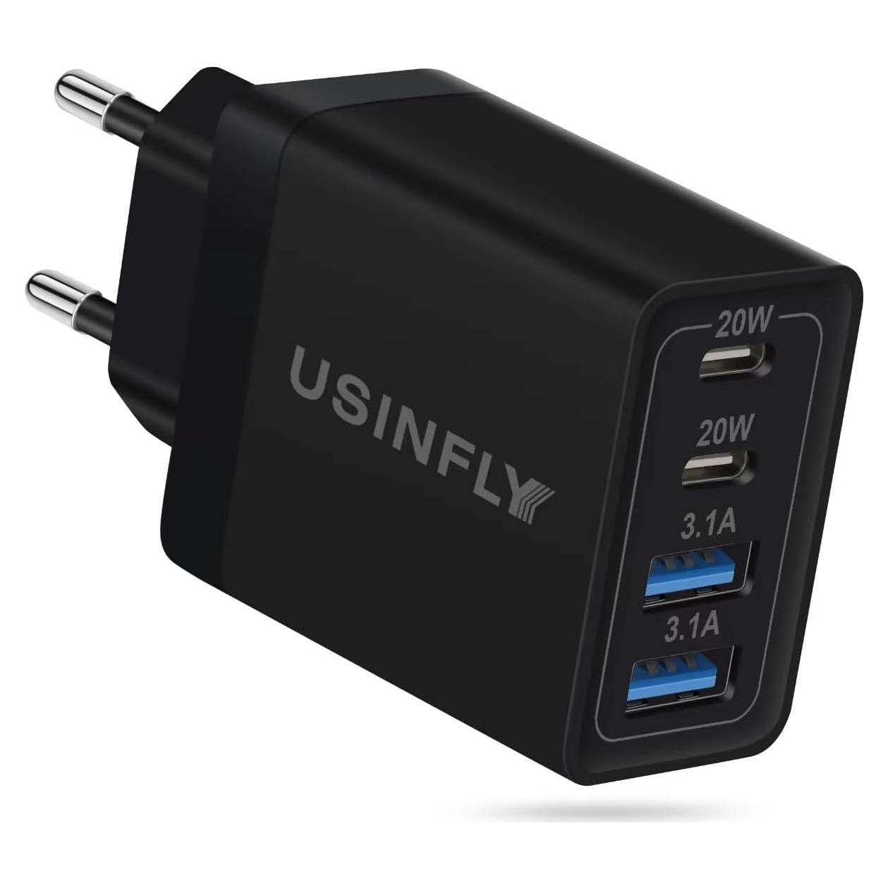 Adaptador de Enchufe de Viaje USB C 40W 4 Puertos Negro