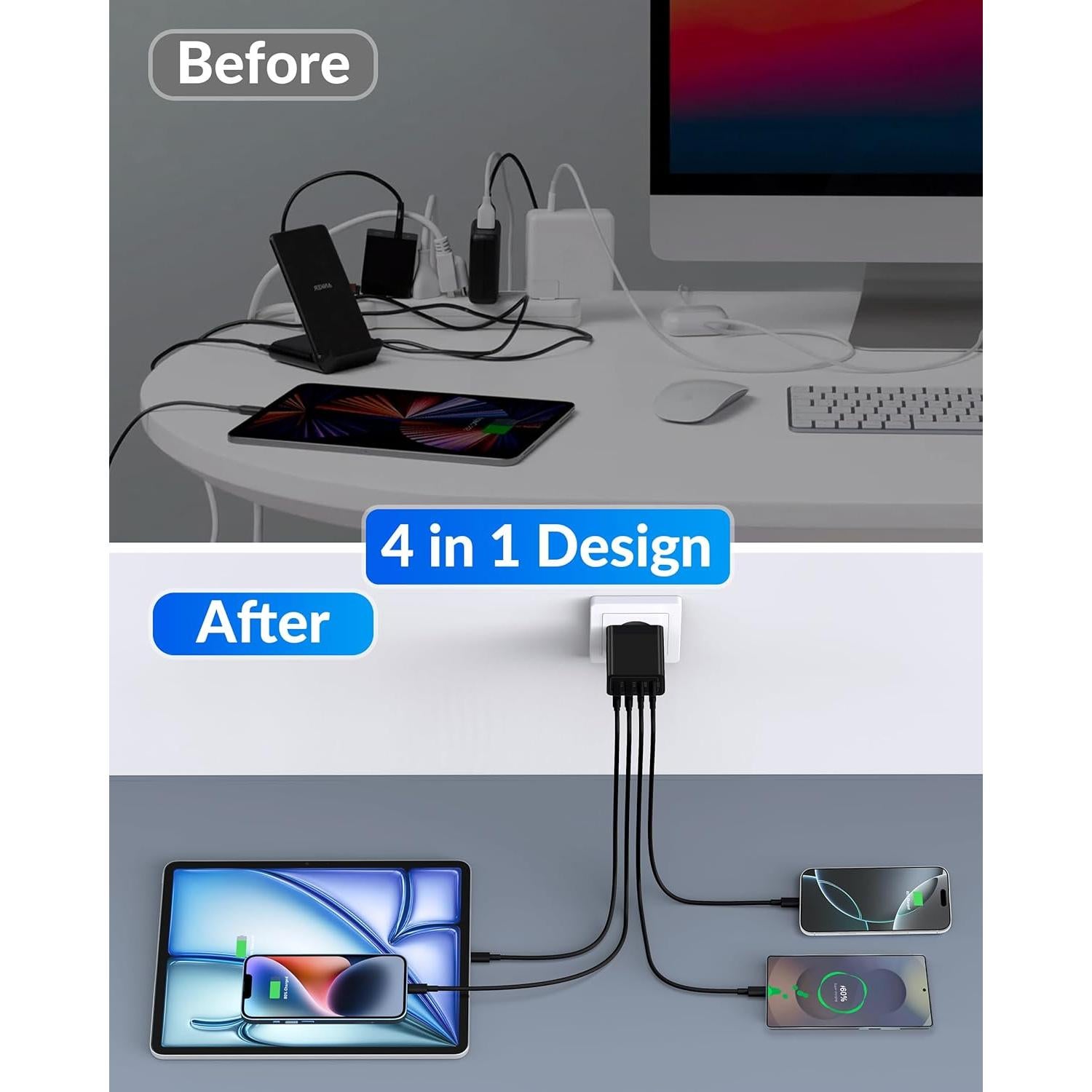 Adaptador de Enchufe de Viaje USB C 40W 4 Puertos Negro