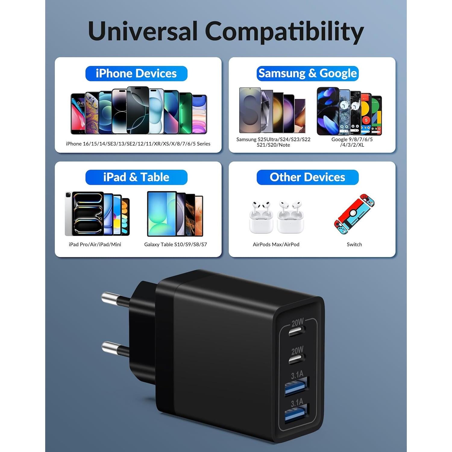 Adaptador de Enchufe de Viaje USB C 40W 4 Puertos Negro