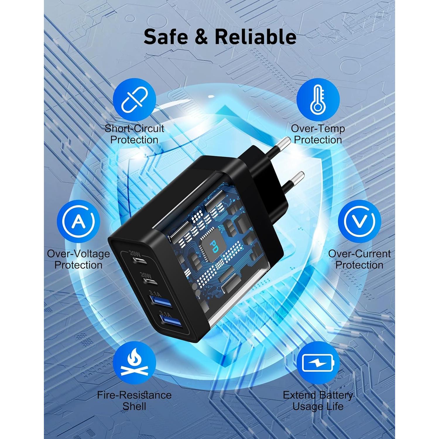 Adaptador de Enchufe de Viaje USB C 40W 4 Puertos Negro