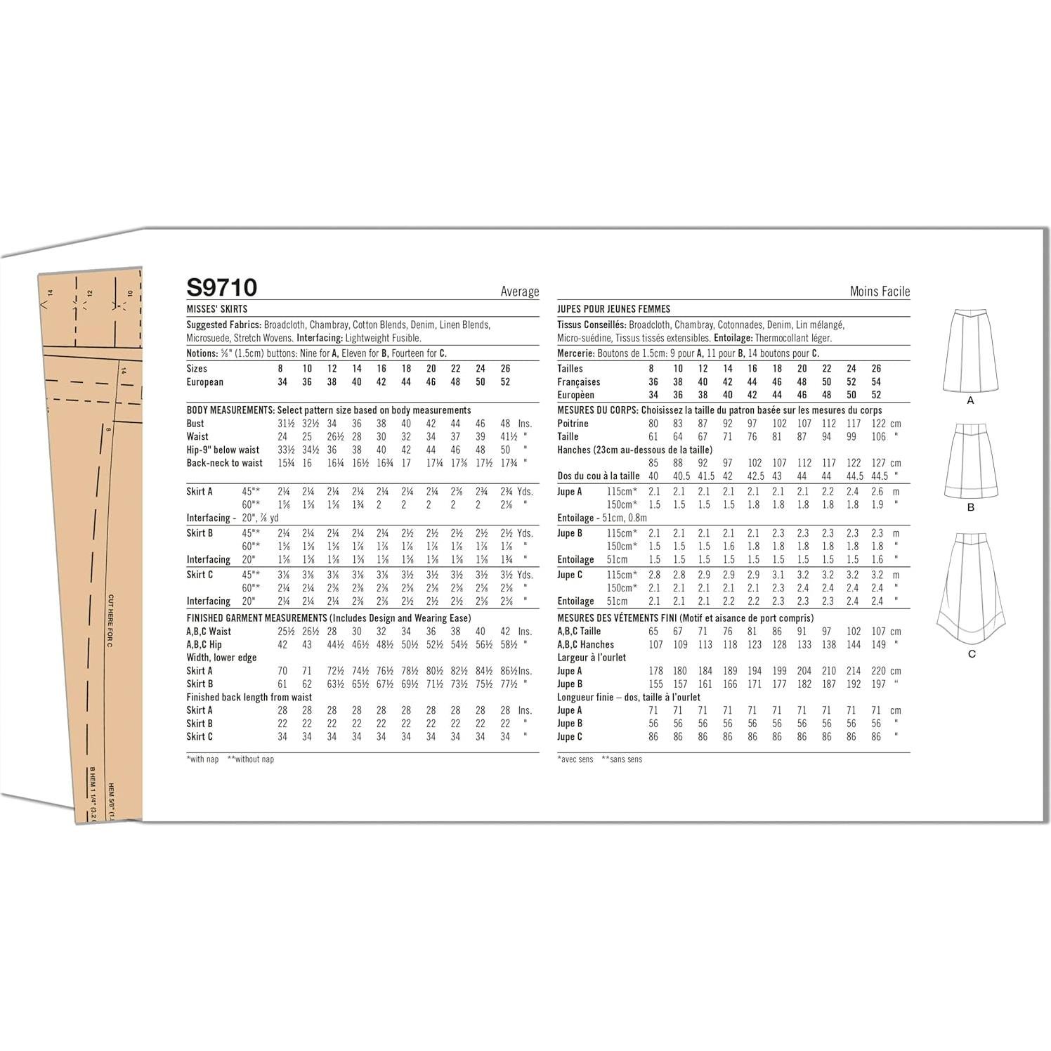 Kit de Patrón de Costura Faldas Simplicity S9710 Tallas 8-16