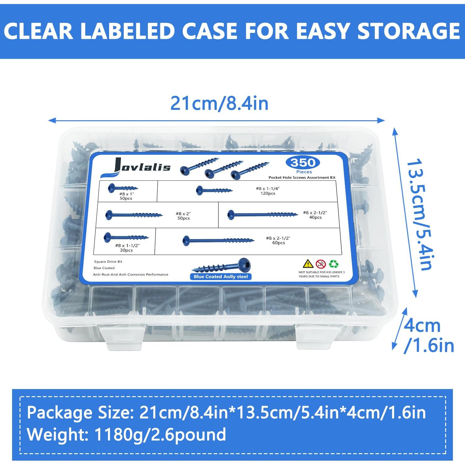 Kit de Tornillos de Madera Jovlalis 350 PCS - Rosca Gruesa Azul
