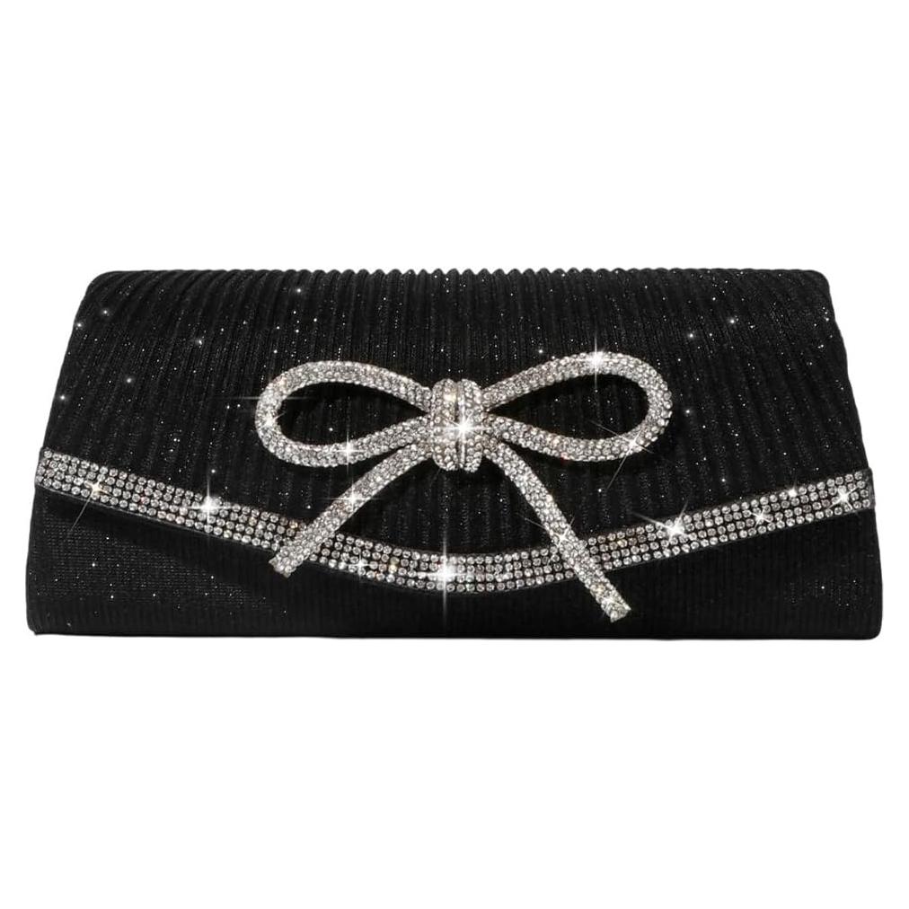 Bolso Clutch de Noche Brillante con Lazo Rhinestone Negro