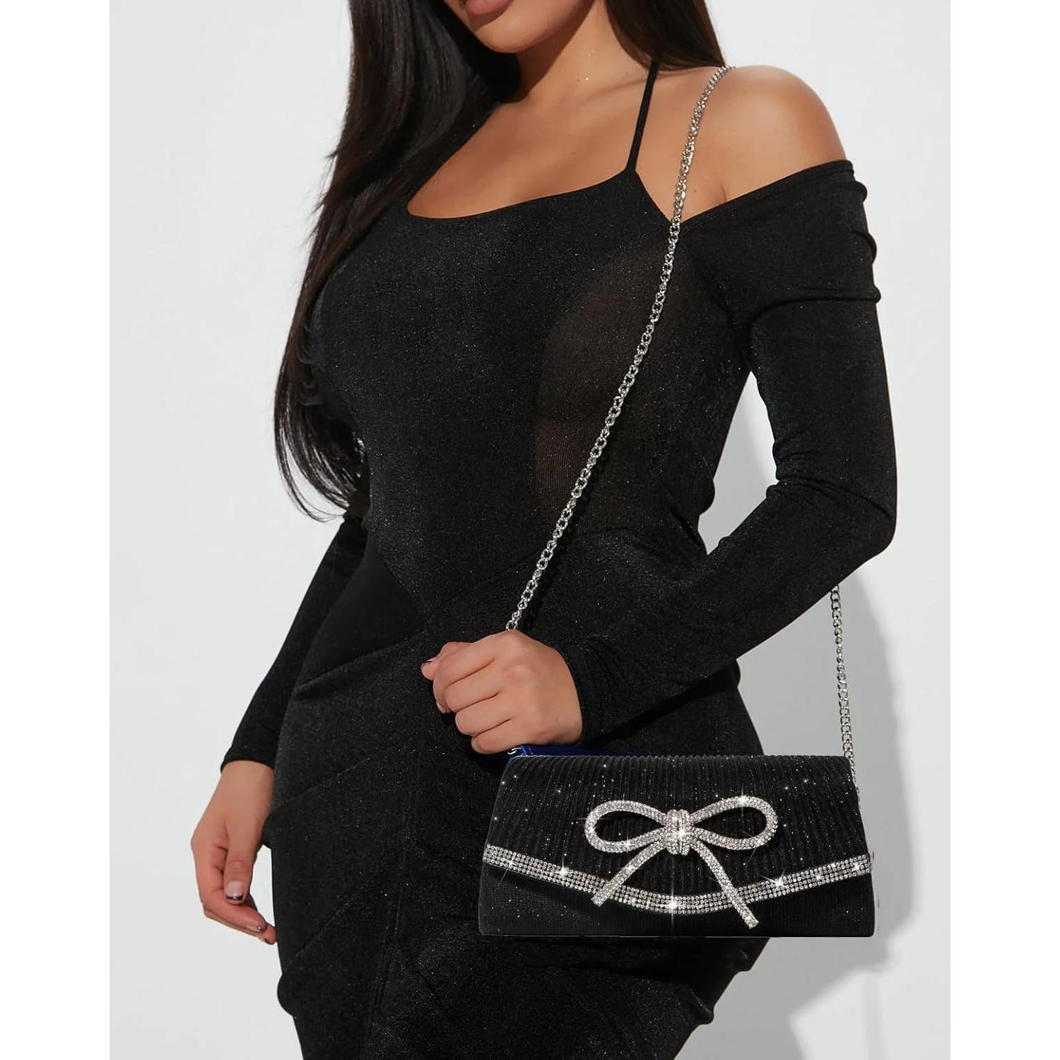 Bolso Clutch de Noche Brillante con Lazo Rhinestone Negro