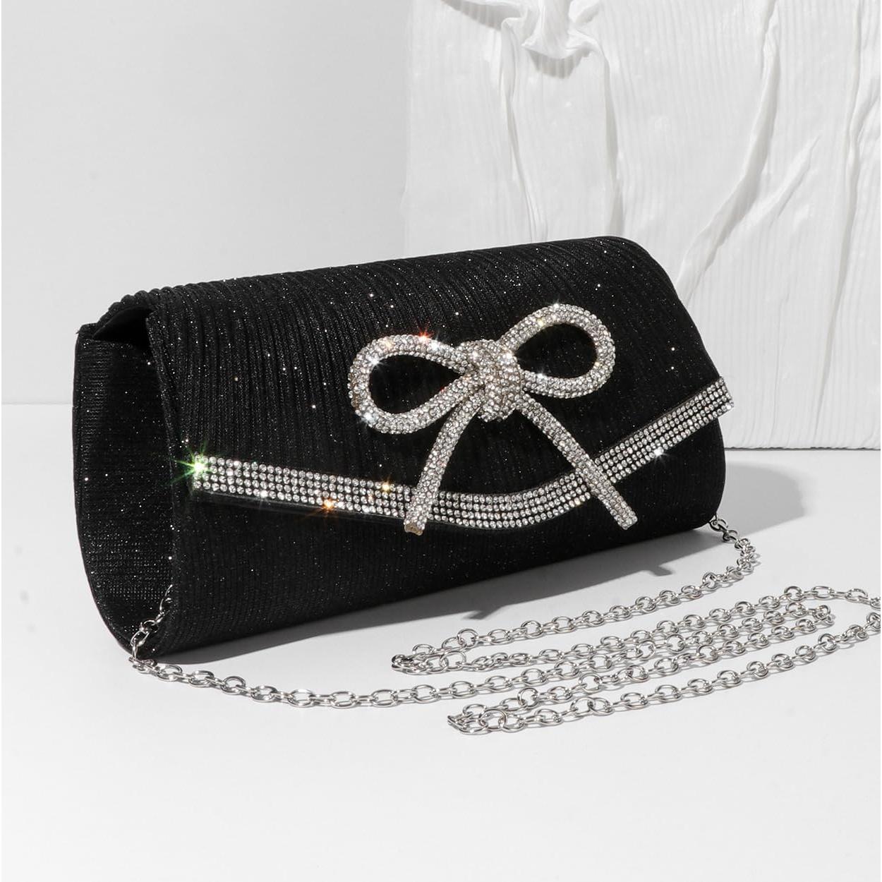 Bolso Clutch de Noche Brillante con Lazo Rhinestone Negro