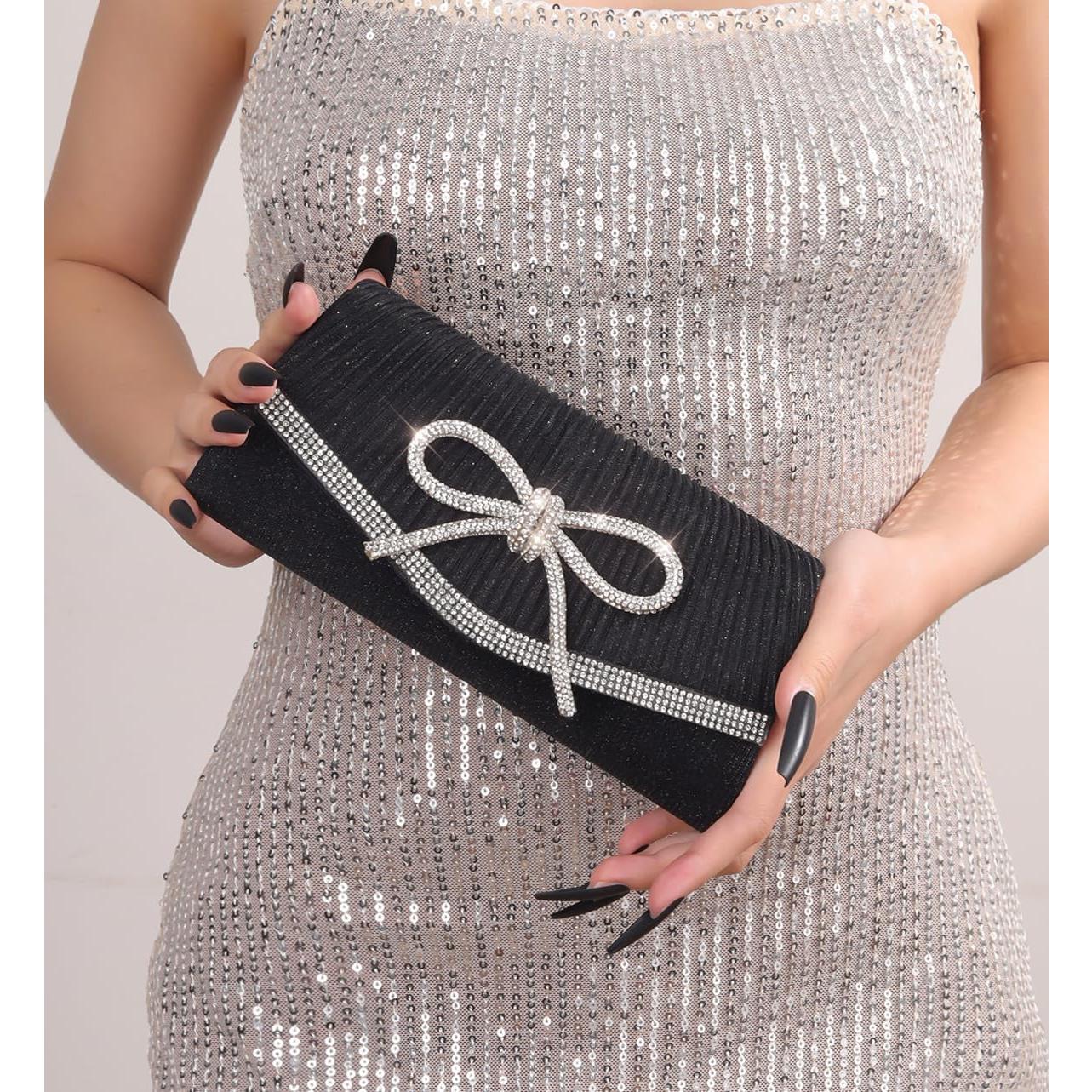 Bolso Clutch de Noche Brillante con Lazo Rhinestone Negro