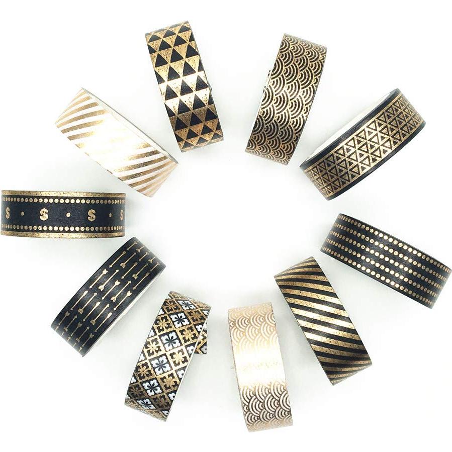 Conjunto de Cinta Washi VIVIQUEN 10 Rollos 15mm Negro y Dorado