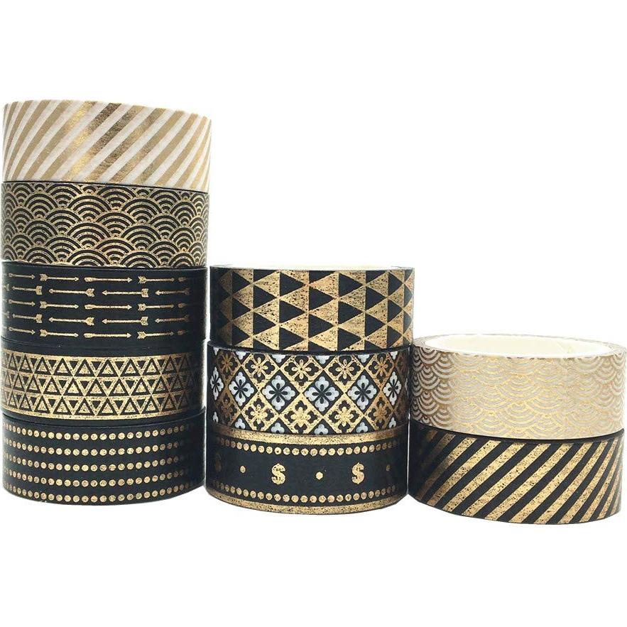 Conjunto de Cinta Washi VIVIQUEN 10 Rollos 15mm Negro y Dorado