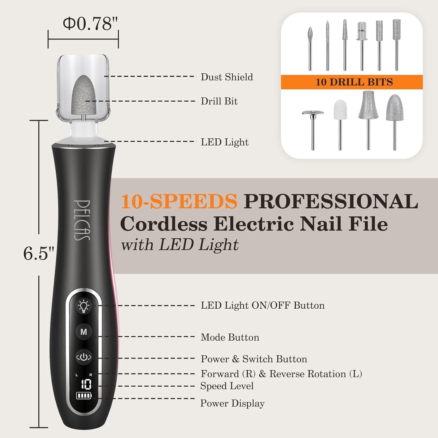 Taladro de Uñas Eléctrico PELCAS Inalámbrico 10 Velocidades