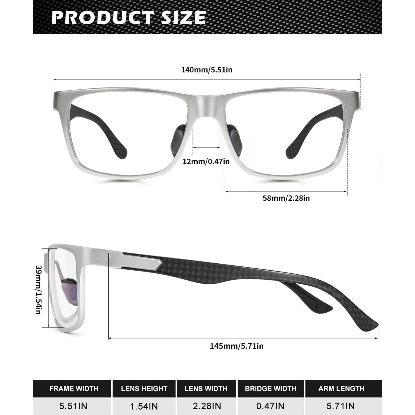 Gafas de Luz Azul ANYLUV Fibra de Carbono Plateadas Negras