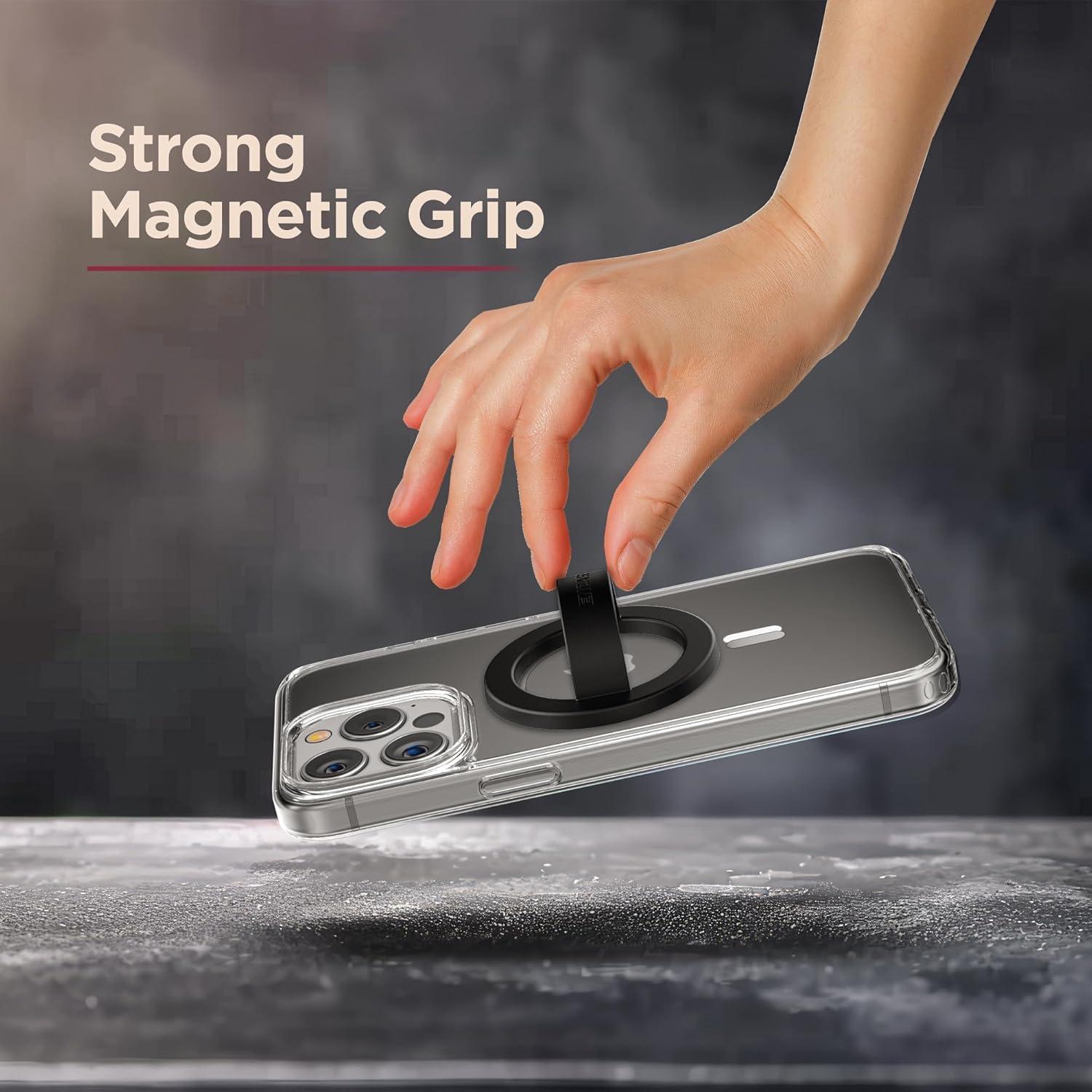 Encased Magnetic Phone Grip Holder (Compatible with MagSafe) Thin Silicone Finger Loop Ring for iPhone (Black)