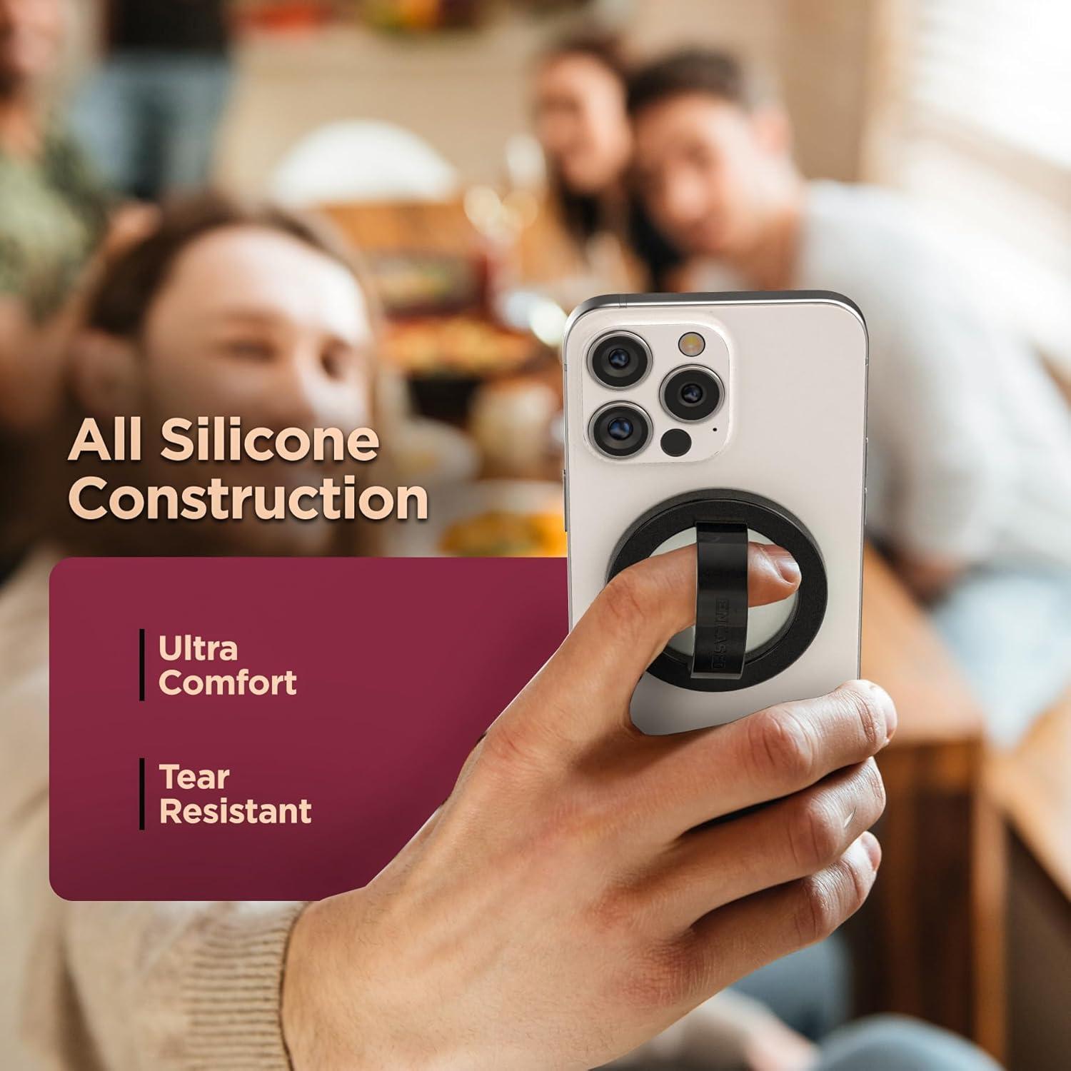 Encased Magnetic Phone Grip Holder (Compatible with MagSafe) Thin Silicone Finger Loop Ring for iPhone (Black)