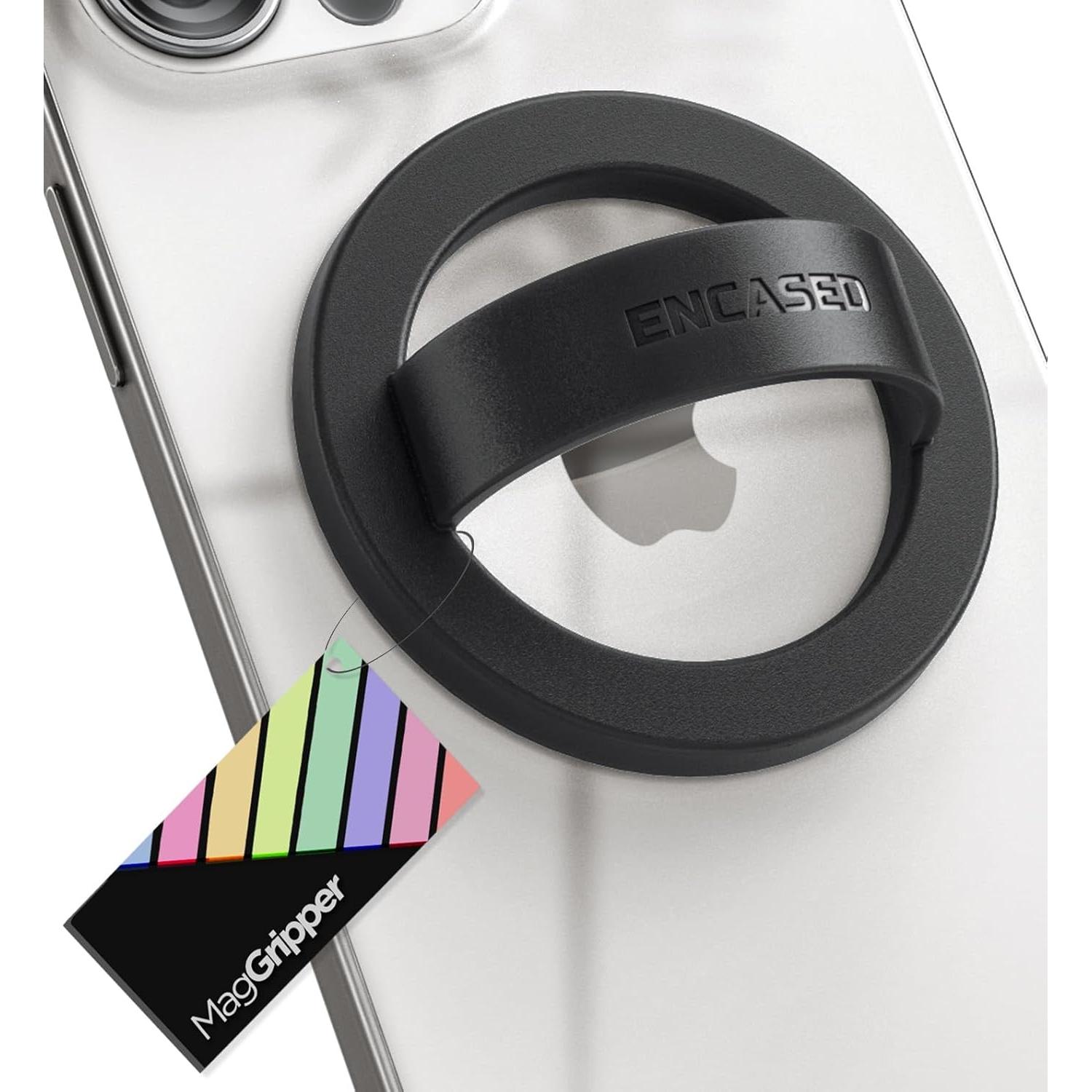 Encased Magnetic Phone Grip Holder (Compatible with MagSafe) Thin Silicone Finger Loop Ring for iPhone (Black)