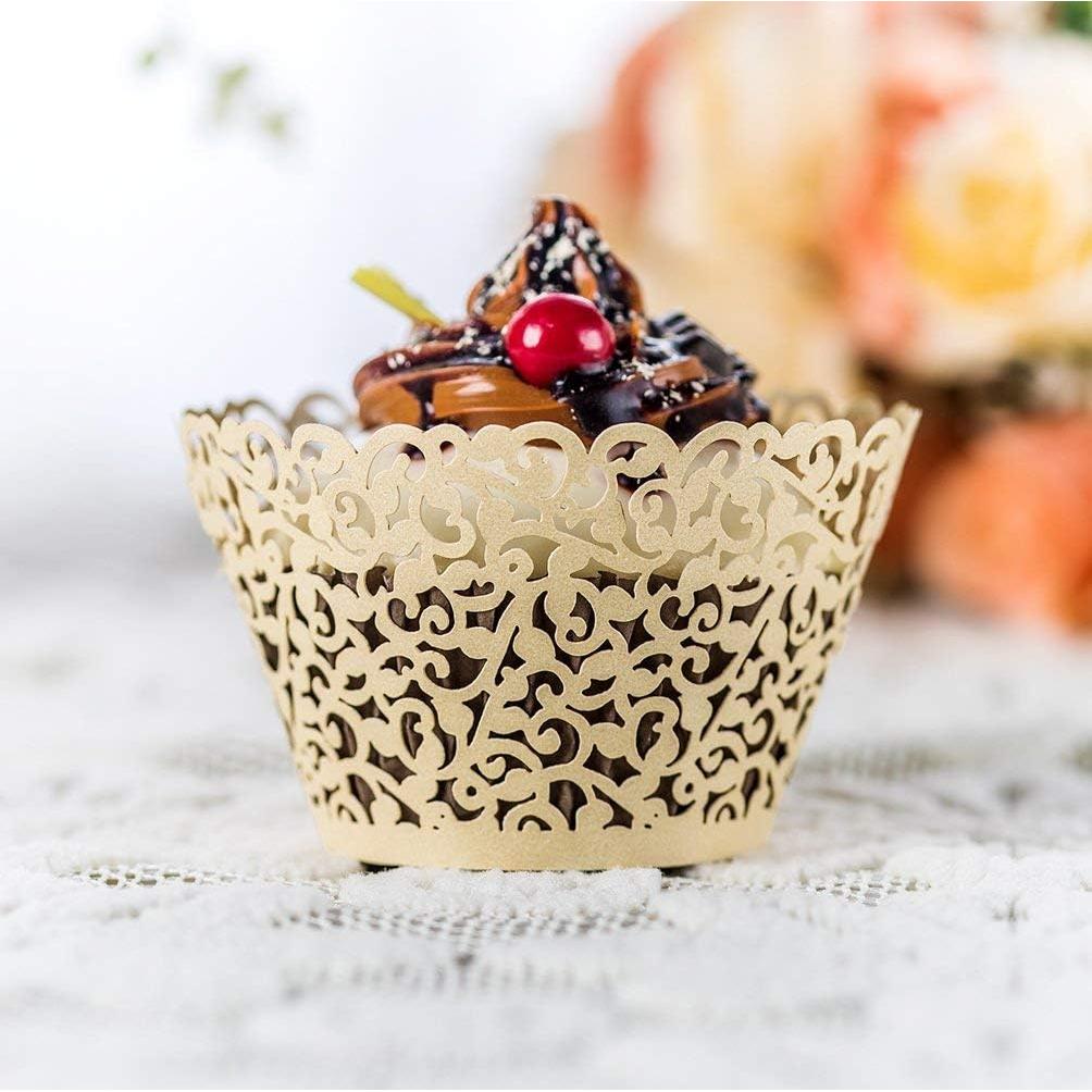 60 Fundas de Cupcake Marfil YOZATIA - Encaje Cortado con Láser