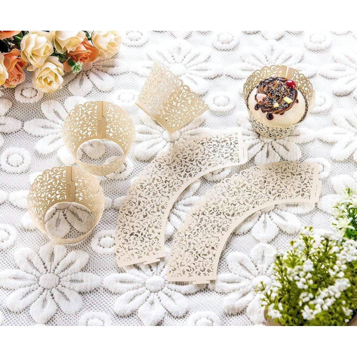 60 Fundas de Cupcake Marfil YOZATIA - Encaje Cortado con Láser