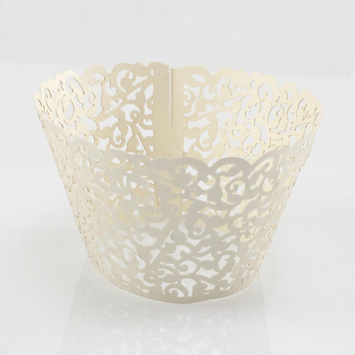 60 Fundas de Cupcake Marfil YOZATIA - Encaje Cortado con Láser