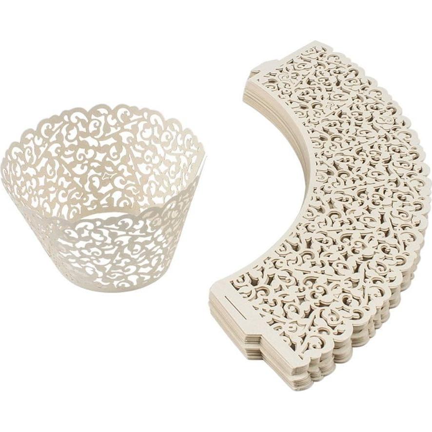 60 Fundas de Cupcake Marfil YOZATIA - Encaje Cortado con Láser