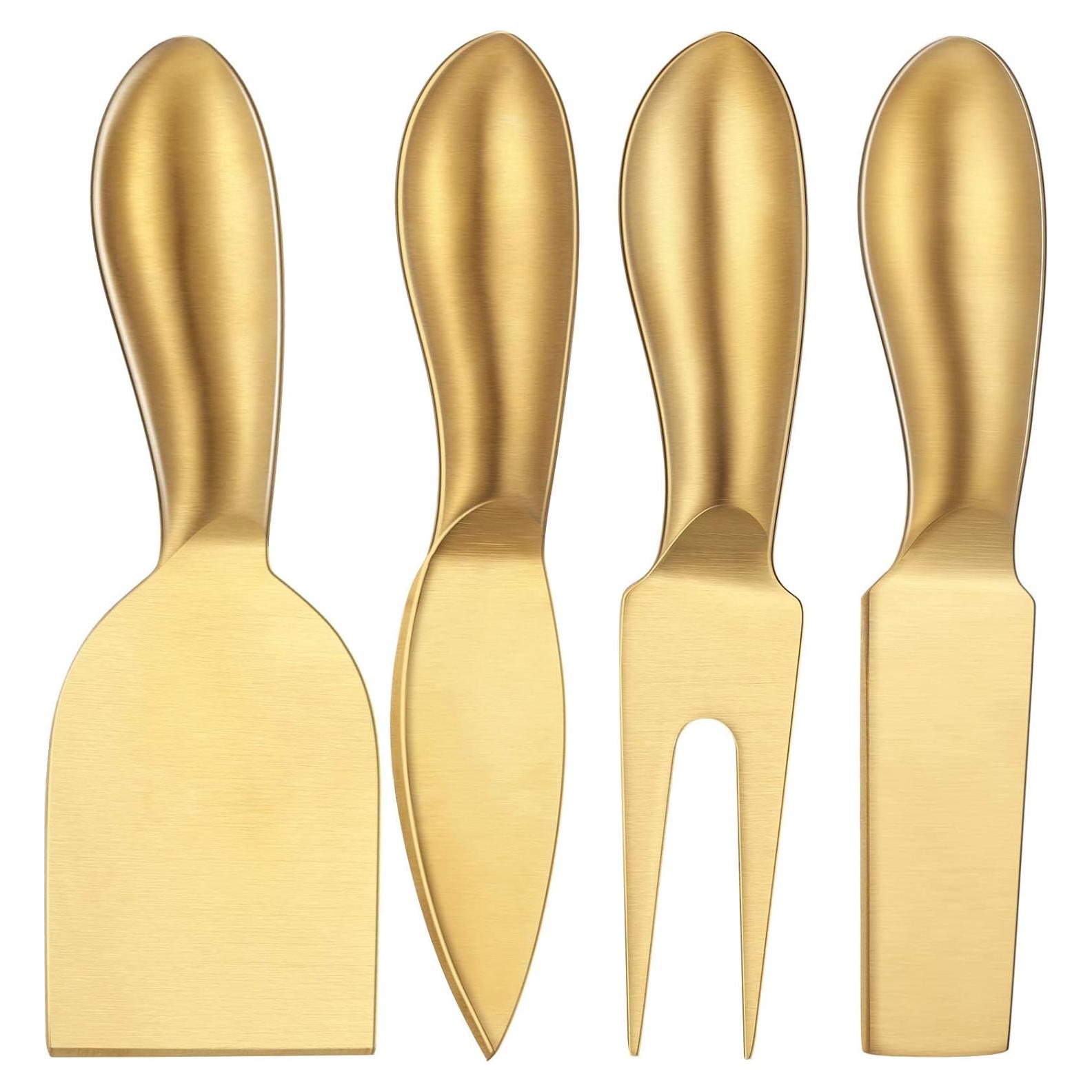 Patelai Stainless Steel Cheese Knives Set, Cheese Tools with Slicer and Cutters for Kitchen(Gold,4 Pieces)