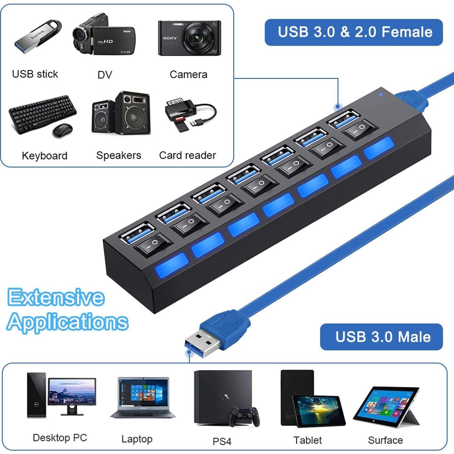 Hub USB 3.0 VIENON 7 Puertos con Interruptores LED Individuales