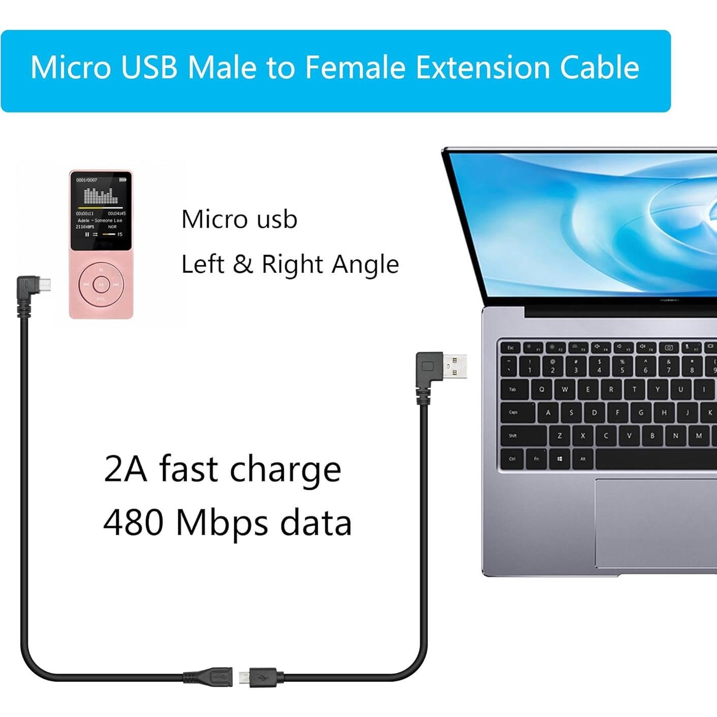 Cable Extensión Micro USB 90° Izquierda y Derecha 25cm Maixbomr