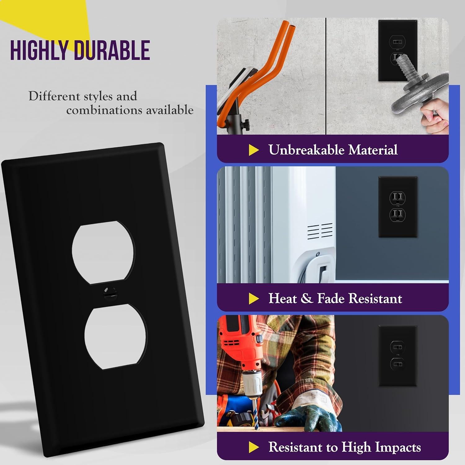 Placa de Pared Doble Jumbo ENERLITES 13.97x8.89cm Negro 5 Pzas