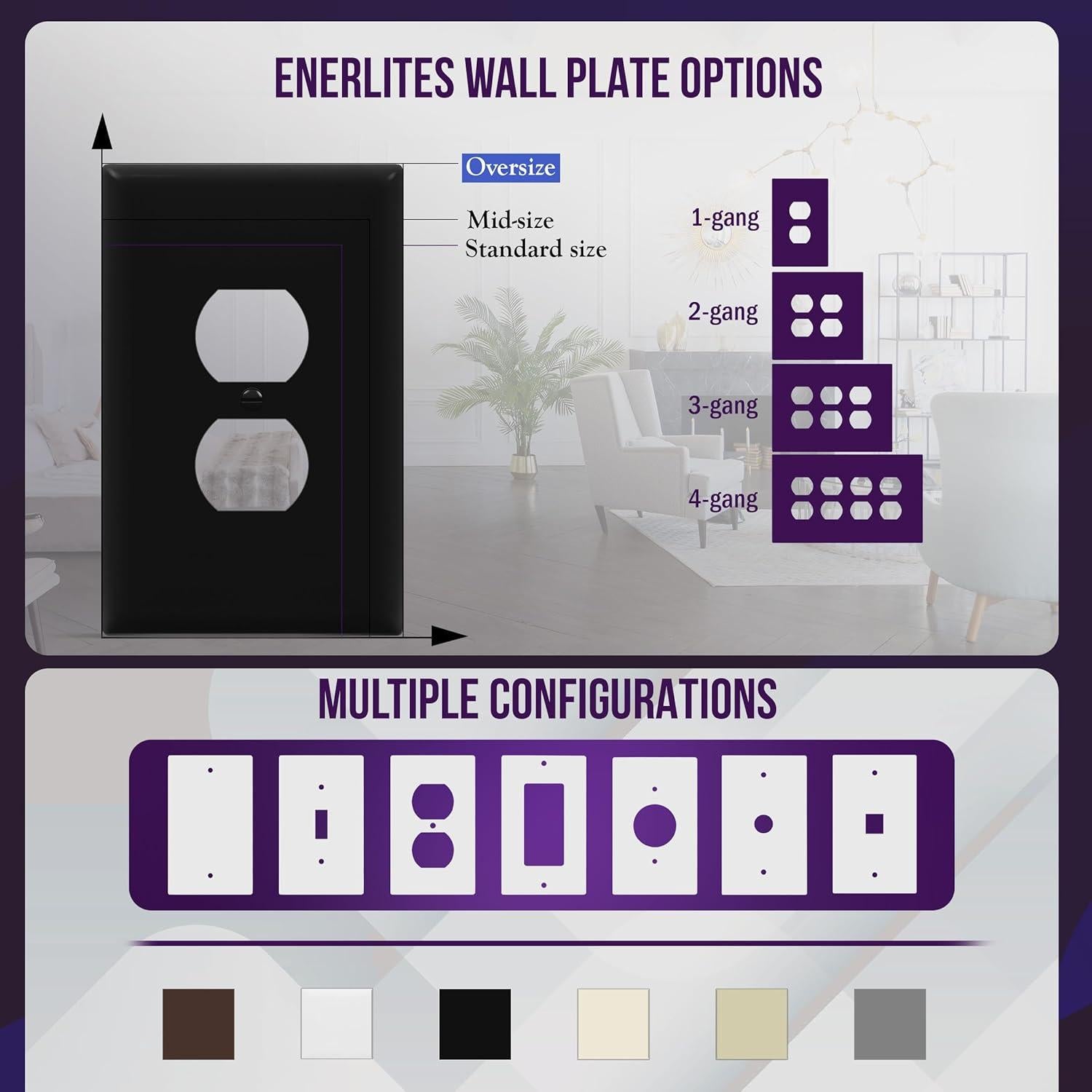 Placa de Pared Doble Jumbo ENERLITES 13.97x8.89cm Negro 5 Pzas