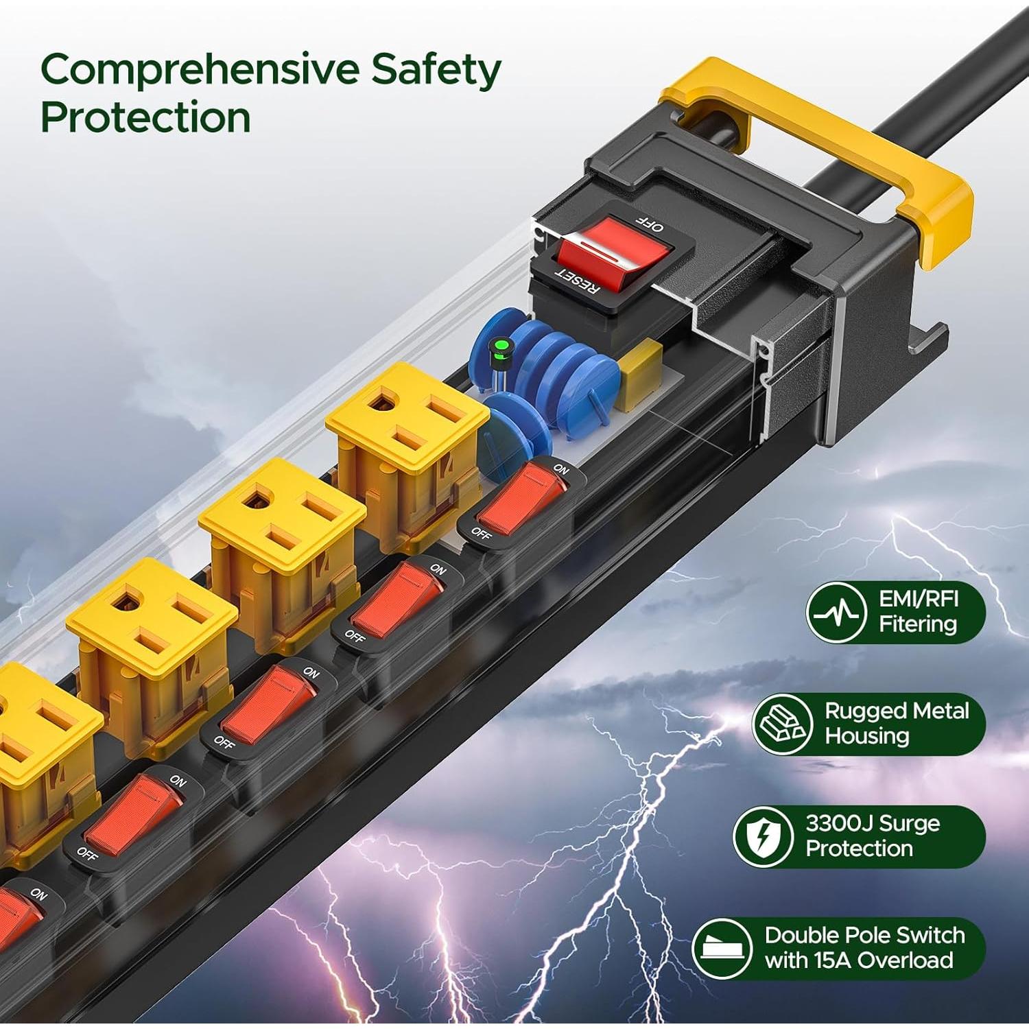 Regleta de Potencia Green Box 6 Salidas Metal 3300J 1.83m