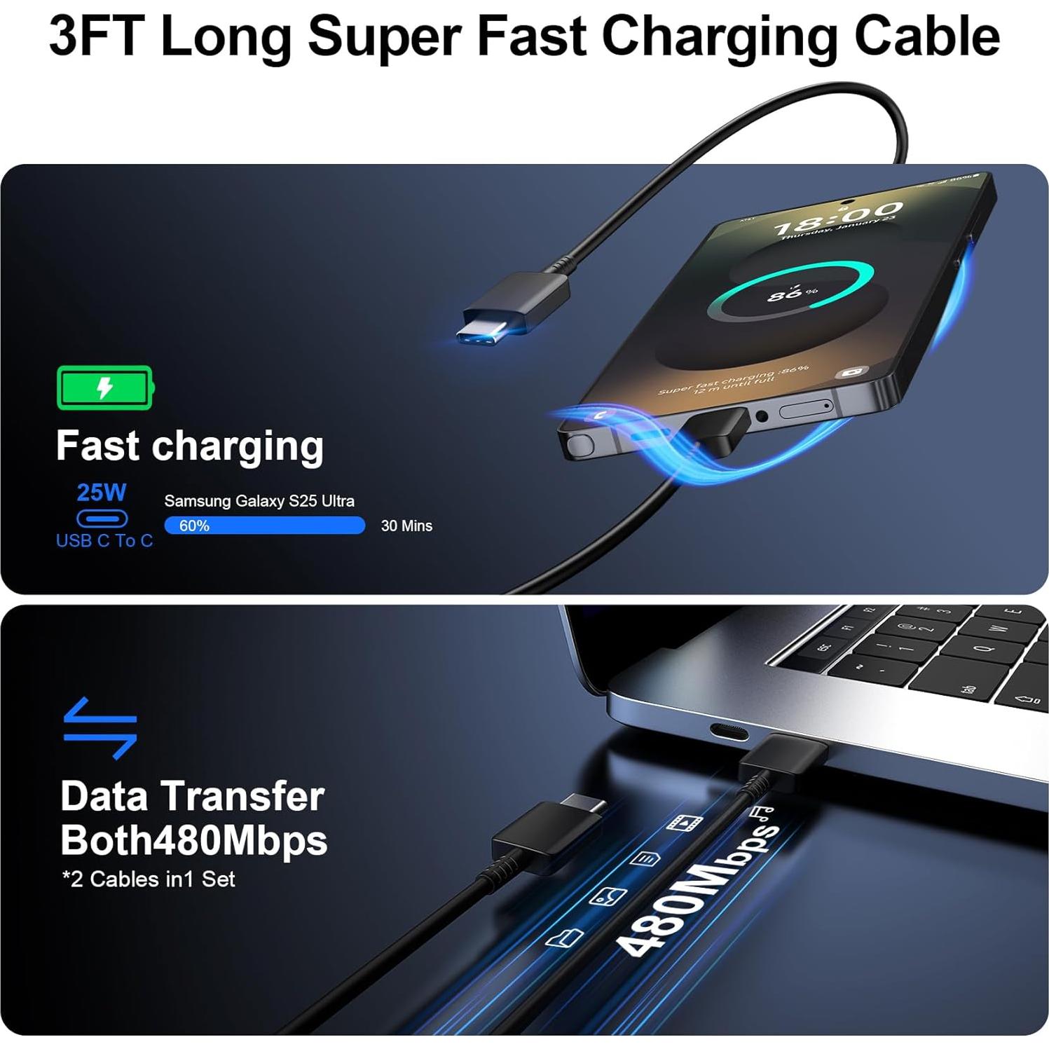 Cargador Rápido USB C 25W Vilive con Cable 3FT para Samsung