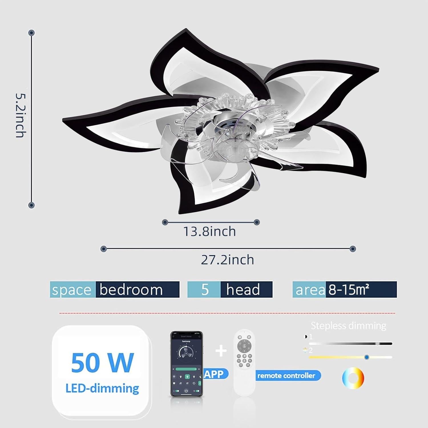 Ventilador de Techo Bevenus SLF-5H 69 cm Negro con Luz LED