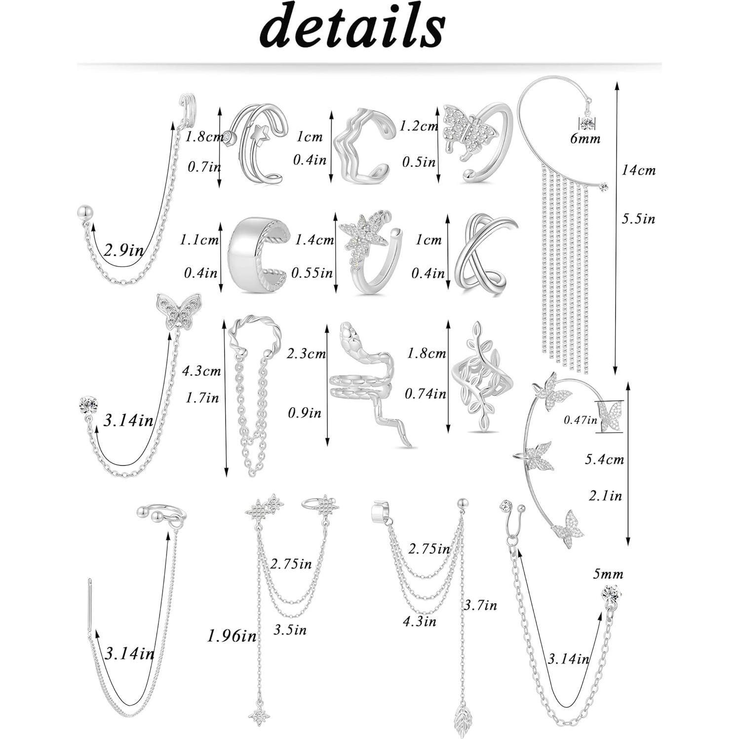 Aretes de Cadena Cuffs Tornito 17Pcs Plata y Oro No Perforados