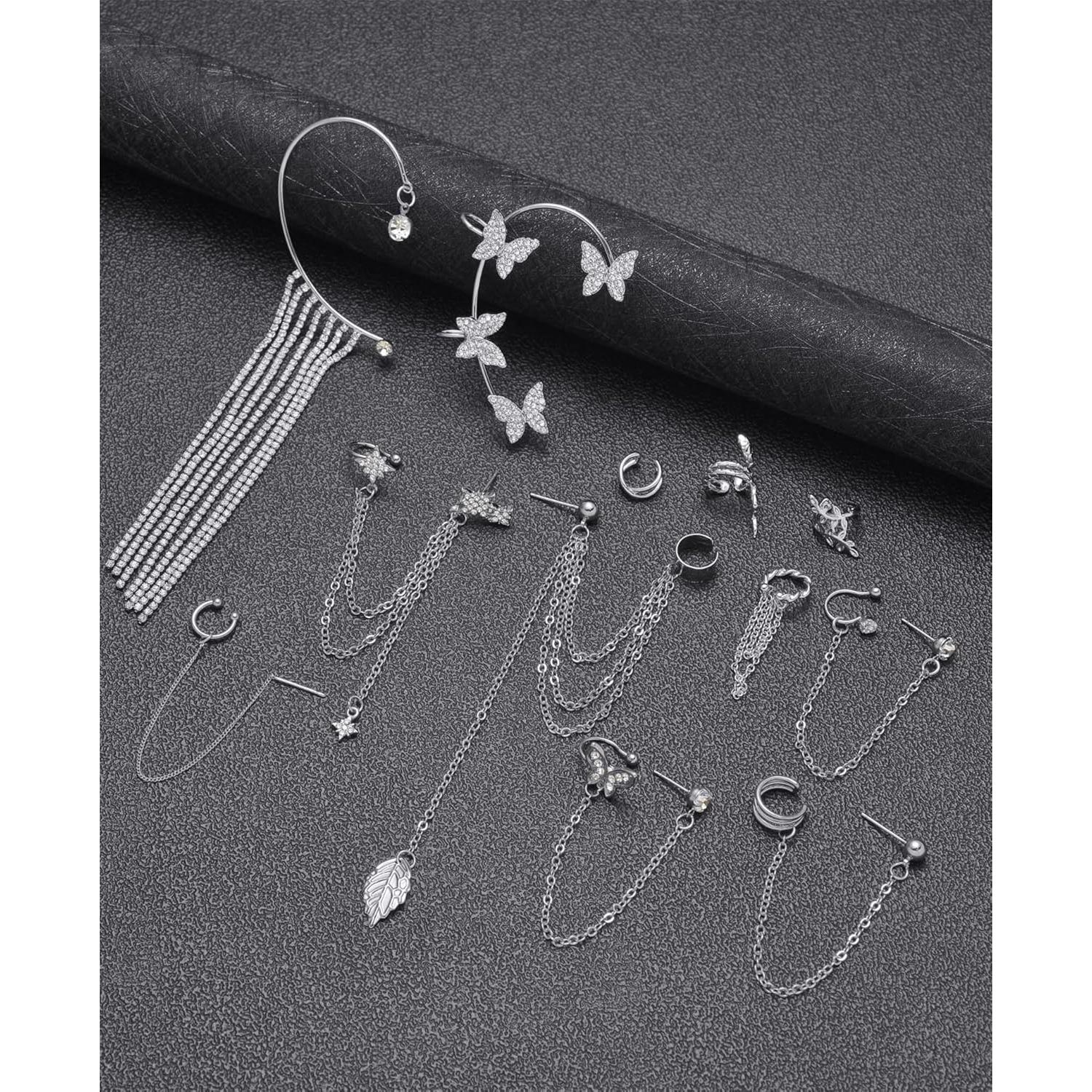 Aretes de Cadena Cuffs Tornito 17Pcs Plata y Oro No Perforados