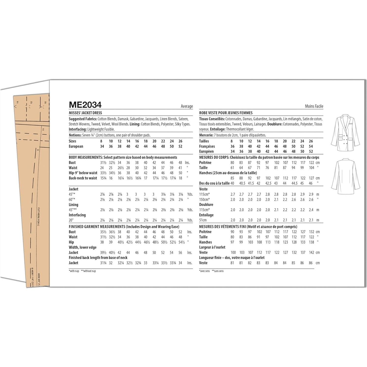 Patrones de Costura McCall's ME2034 Vestido con Chaqueta Tallas 8-16