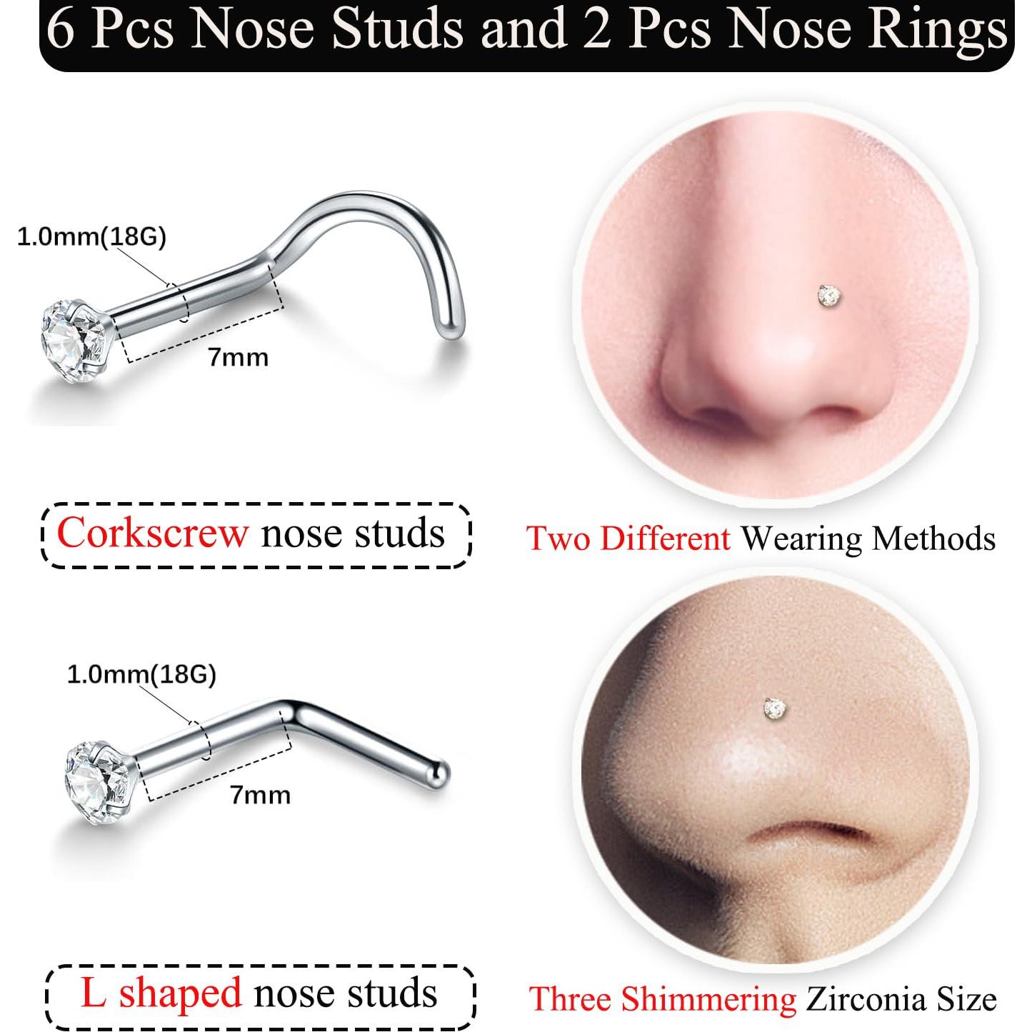Hoop Nose Rings And Nose Studs For Women Men Corkscrew Bone L Shaped Nose Studs Hypoallergenic Cubic Zirconia Surgical Steel Nose Piercings Jewelry Small Silver/Gold Nose Rings 1.5/2/3mm 8 Pcs