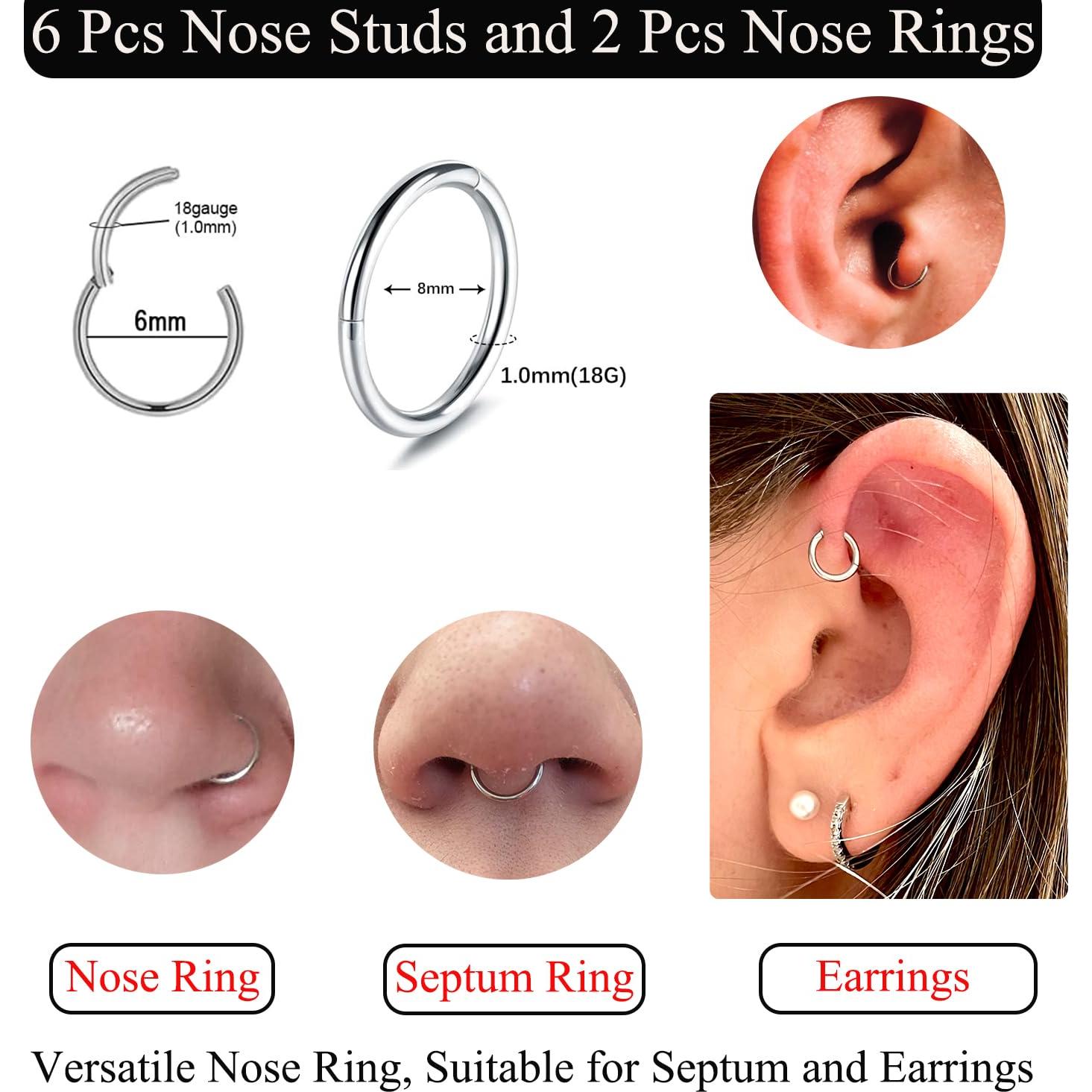 Hoop Nose Rings And Nose Studs For Women Men Corkscrew Bone L Shaped Nose Studs Hypoallergenic Cubic Zirconia Surgical Steel Nose Piercings Jewelry Small Silver/Gold Nose Rings 1.5/2/3mm 8 Pcs