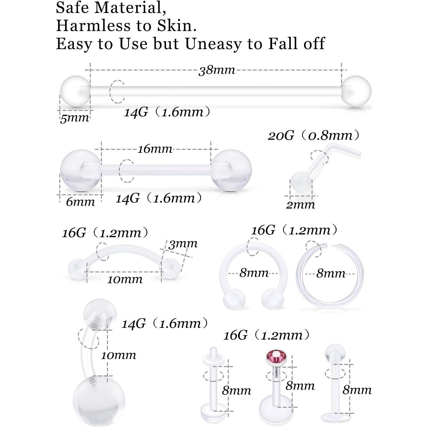 Retenedores de Piercing Vsnnsns 72 Piezas Acrílico Transparente